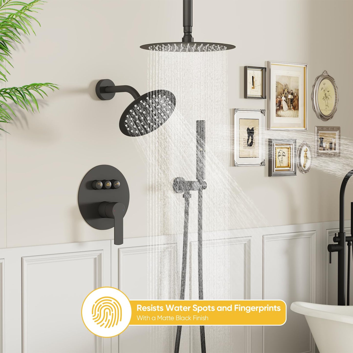 BESy Shower Faucet Set 10 Inch Round Ceiling Mount Rainfall Shower System with 6 Inch Wall Mount Dual Rain Shower Head Push Button Diverter with 2 in 1 Handheld Showerhead for Bathroom Matte Black