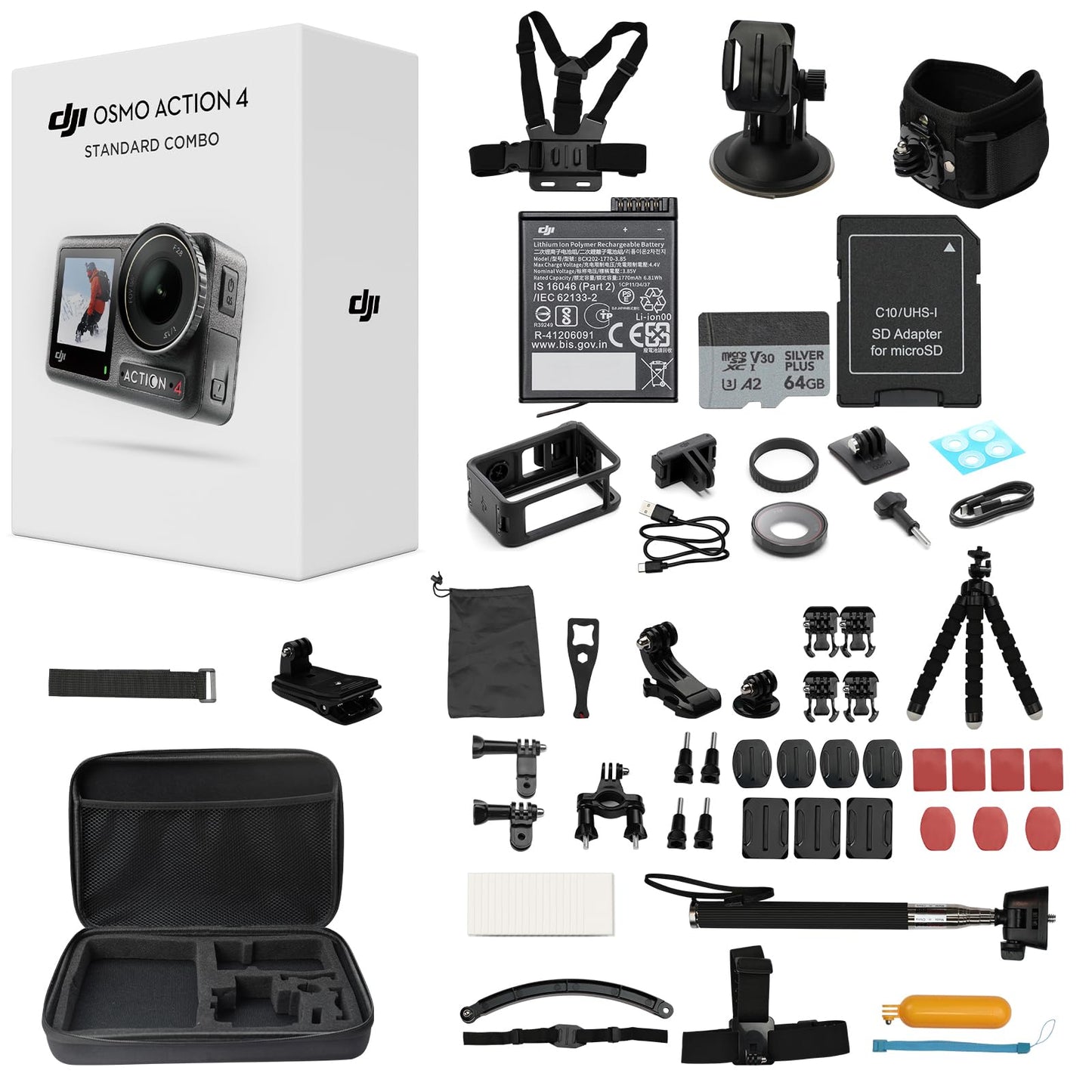 DJI Osmo Action 4 Waterproof Action Camera Bundle, 1/1.3" Sensor, 4K/120fps Video, Stunning Low-Light Imaging, Original Standard Combo + 58 Piece Accessory Kit + Extra 64GB Card