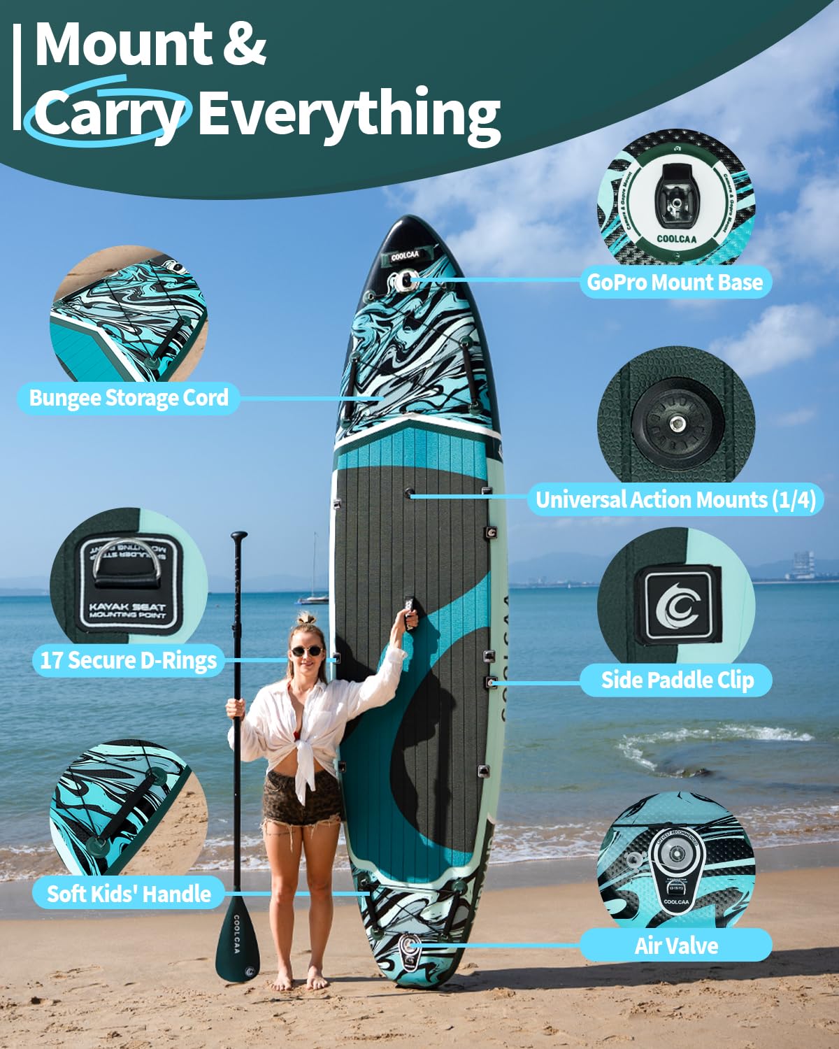 COOLCAA Mermaid 11'6" x 34" Extra Wide Inflatable Paddle Board, 490lbs Capacity Stable SUP for Family, Beginners & Dogs, Heavy Duty Fishing Paddle Board with Premium Accessories, Backpack & Pump