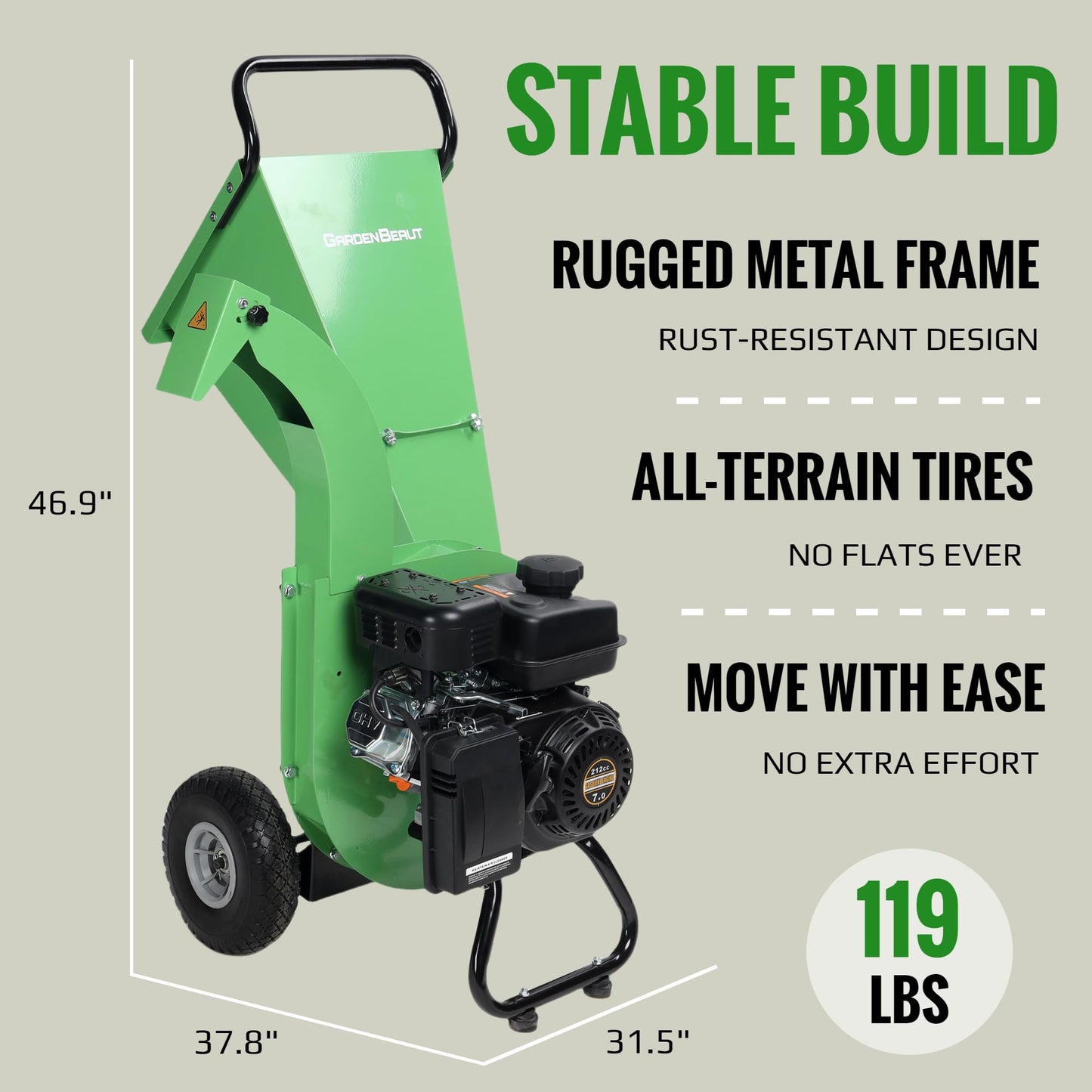 GARDENBEAUT S1 Wood Chipper, 20: 1 High Reduction Ratio, 7 HP 212cc Heavy Duty Engine Gas Powered, 3" Max Wood Diameter Capacity, Robust Shredder Mulcher with Large Cutting Rotor