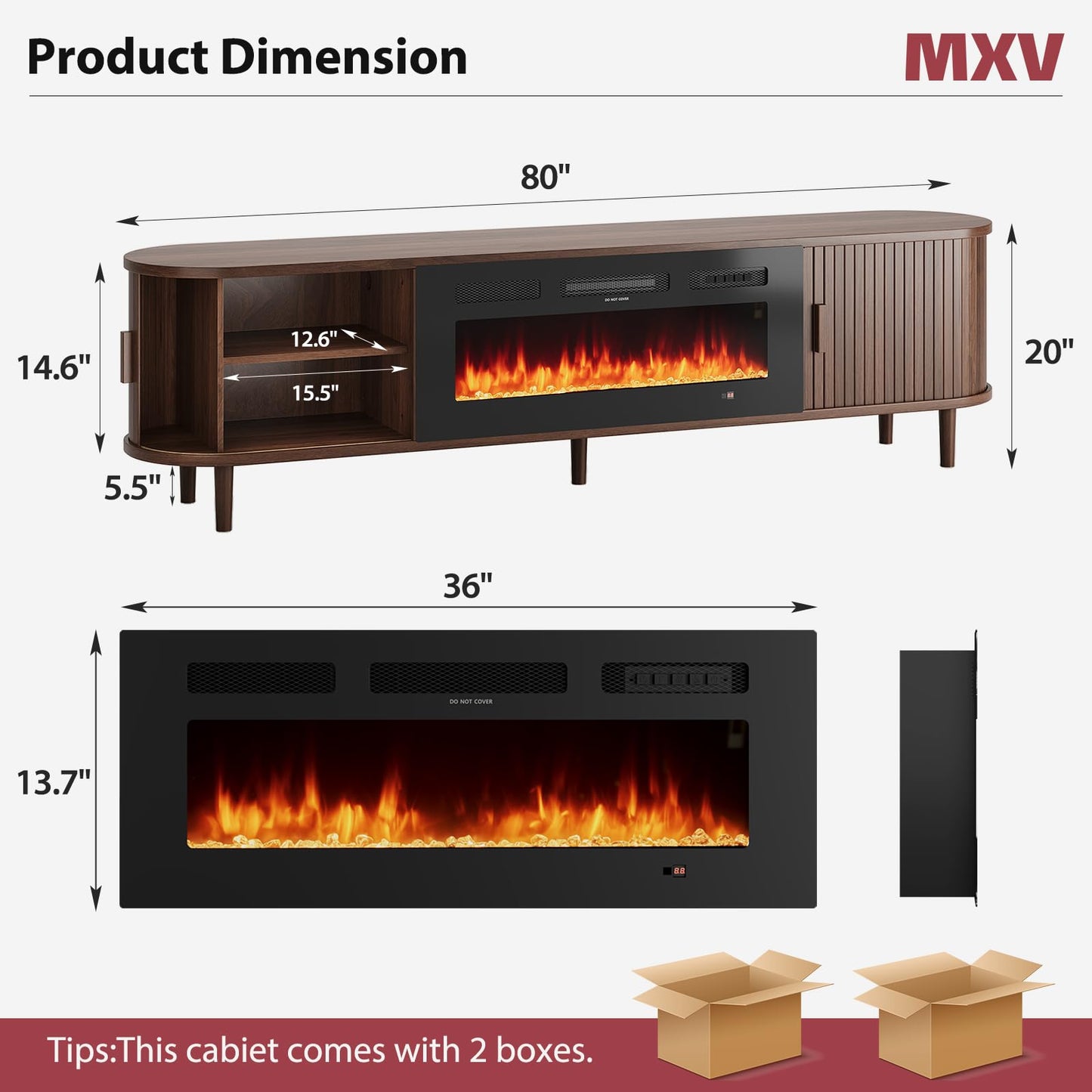 MXV 80″ Fluted Fireplace TV Stand, Mid Century Modern TV Stand with 36″ Fireplace for TVs Up to 90", Entertainment Center with Sliding Door & Solid Wood Legs, for Living Room, Walnut