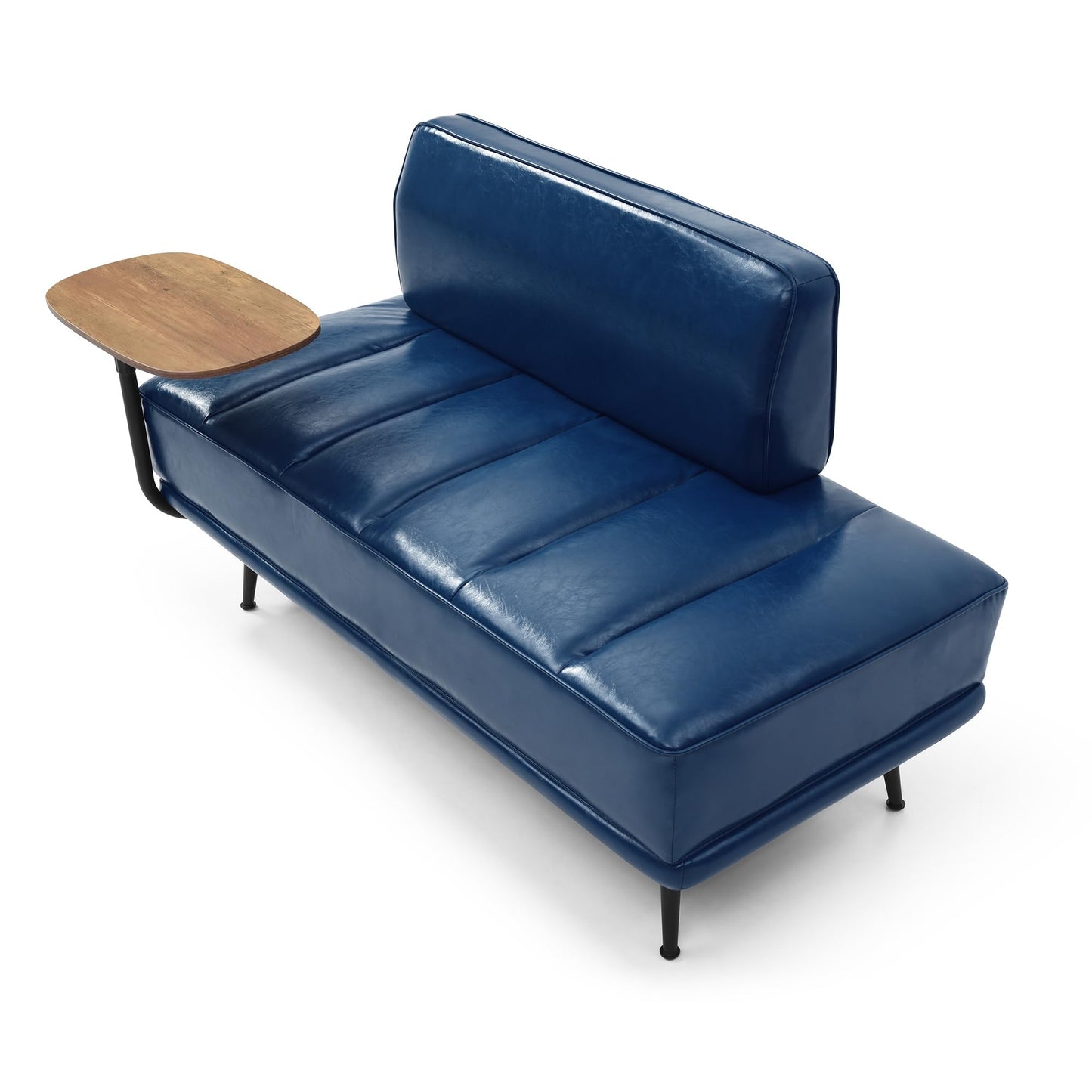 KEIKI Upholstered End of Bed Bench with Side Table & 360° Rotatable Phone Stand, Faux Leather Chaise Lounge Couch for Bedroom or Entryway Seating, Blue