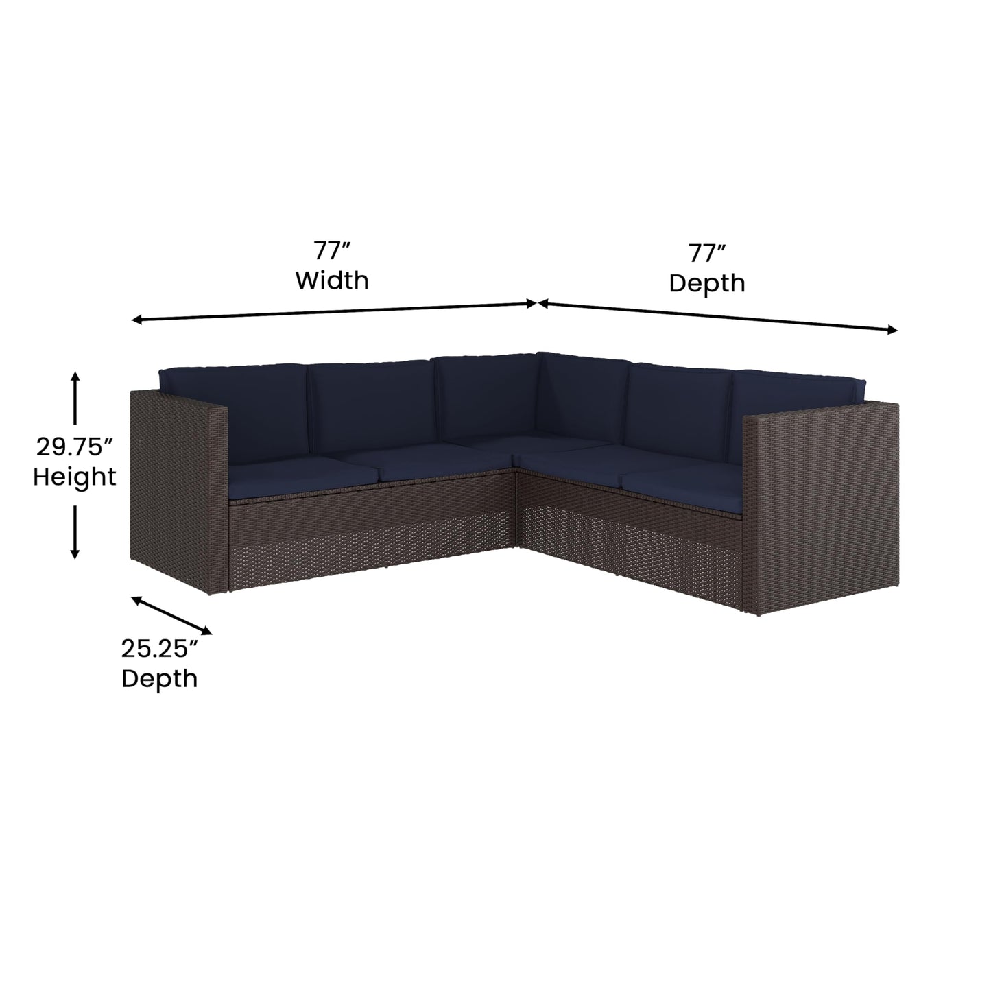 Flash Furniture Roan Patio Seating Set, Wicker PE Rattan Frame, L-Shaped Sectional with Side Lift Coffee Table Storage, Back and Seat Cushions, Brown/Navy