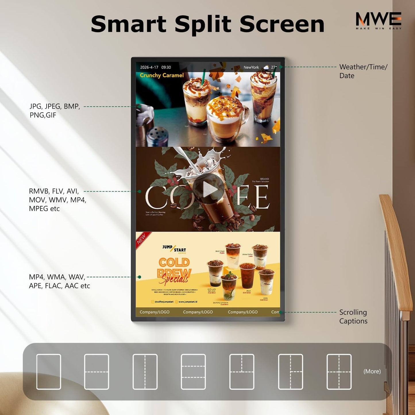 MWE 32 inch Wall Mount Digital Signage, FHD Touchscreen Monitor Android 14, Multi-Touch Screen Smart Split, Commercial Advertising Display, Time Switch, CMS Management, HD-MI/ USB/ WiFi/ for Windows