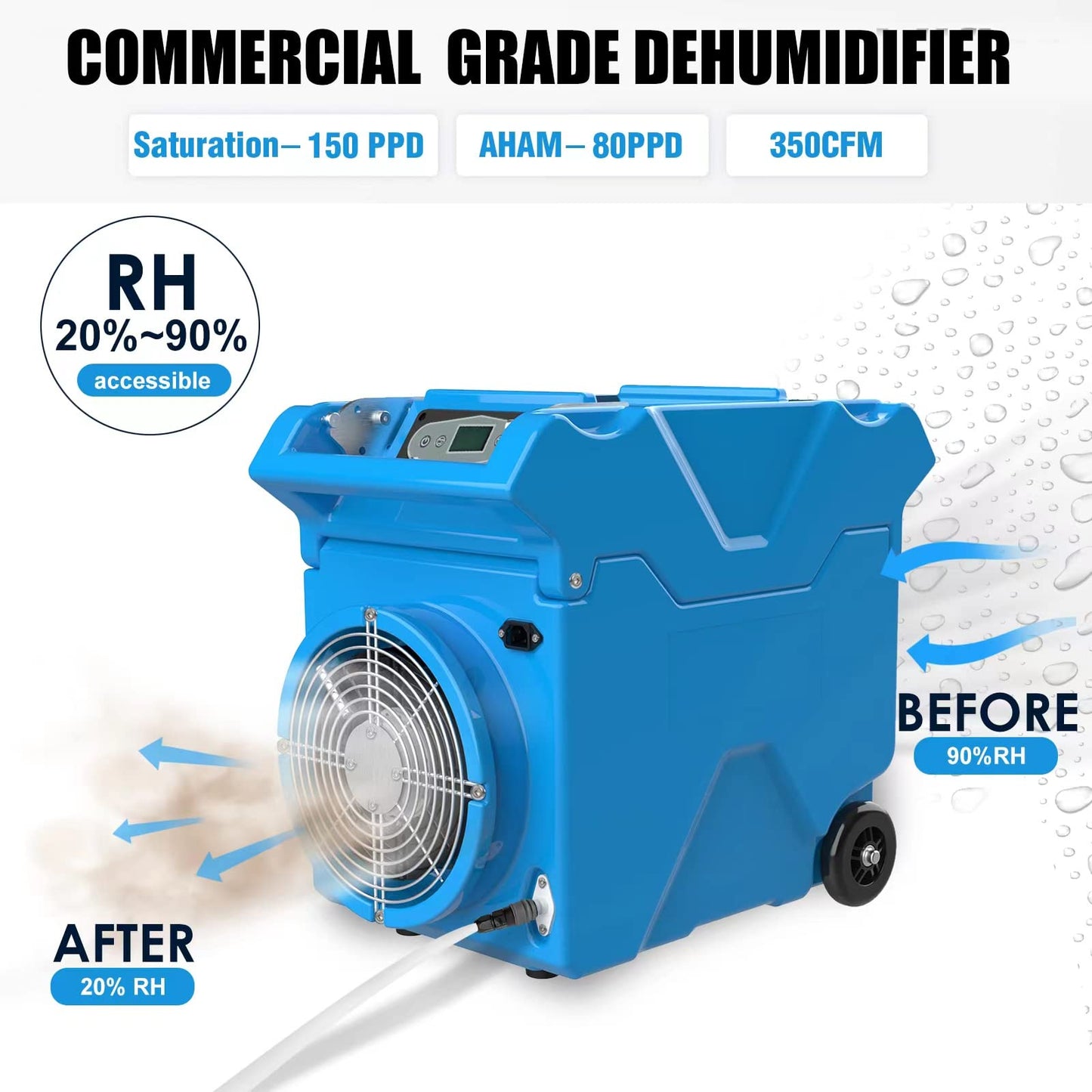 Mounto 150pints Commercial LGR Dehumidifier w/Handle and Wheels - Panasonic Compressor, ETL Certified, Compact & Stackable, Built-in Pump, LED Display