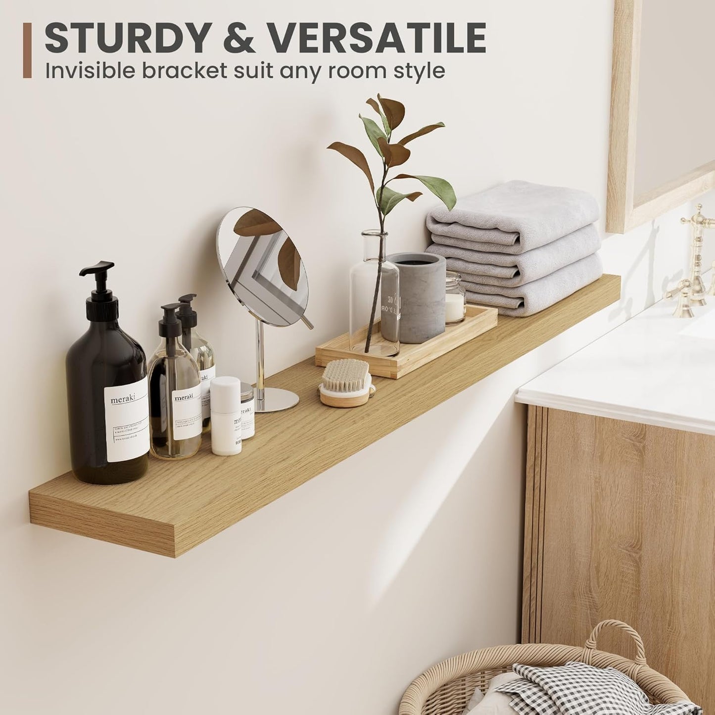 Acovy 72 Inch Floating Shelves, 8 Inch Deep Floating Shelves for Wall, Hanging Shelf with Invisible Brackets, Deep Shelves for Bathroom, Bedroom, Living Room, Oak, Set of 2