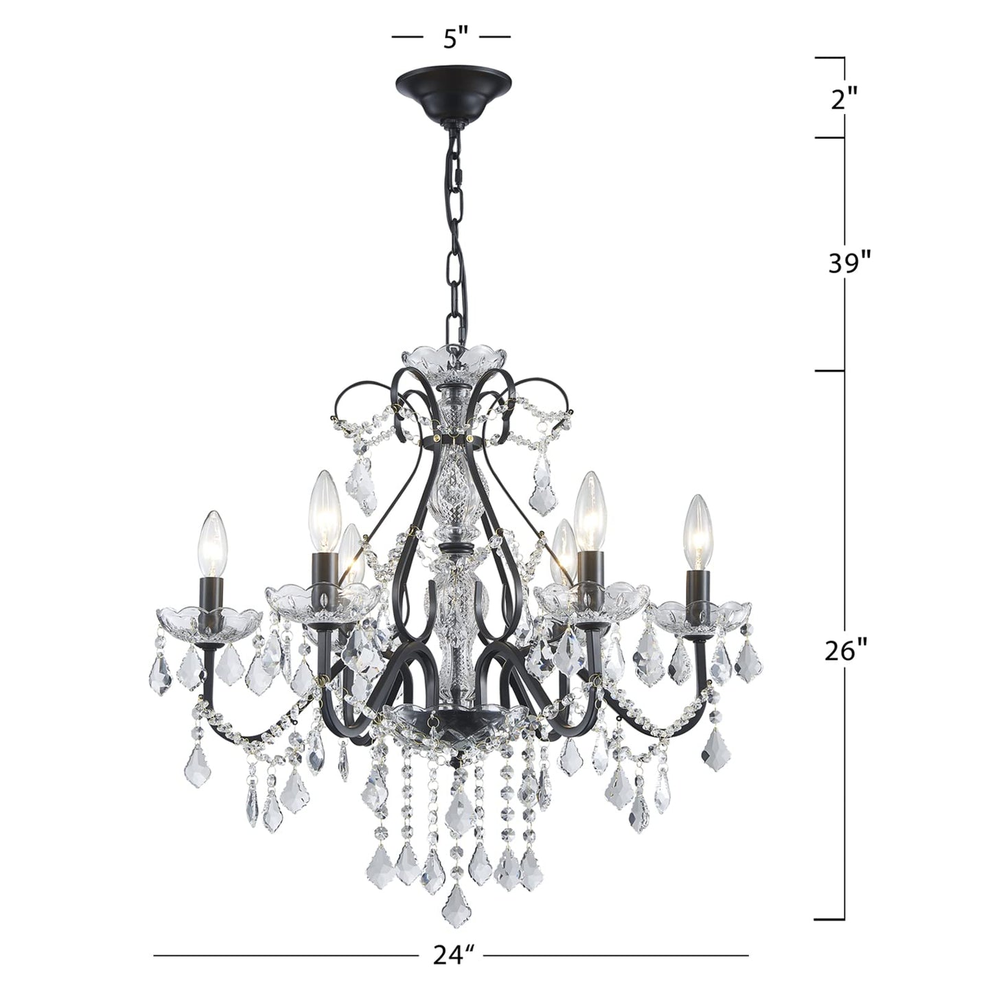 Bestier Black Vintage Candle Chandelier Lighting Fixture, 6 E12 Bulbs Required, D24in x H26in