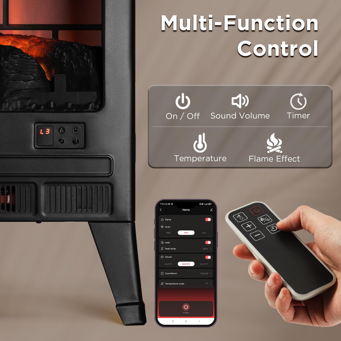 TURBRO Suburbs 25" WiFi Electric Fireplace Infrared Heater with Crackling Sound, Freestanding Fireplace Stove with Adjustable Flame Effects, Overheating Protection, Timer, Remote Control 1400W