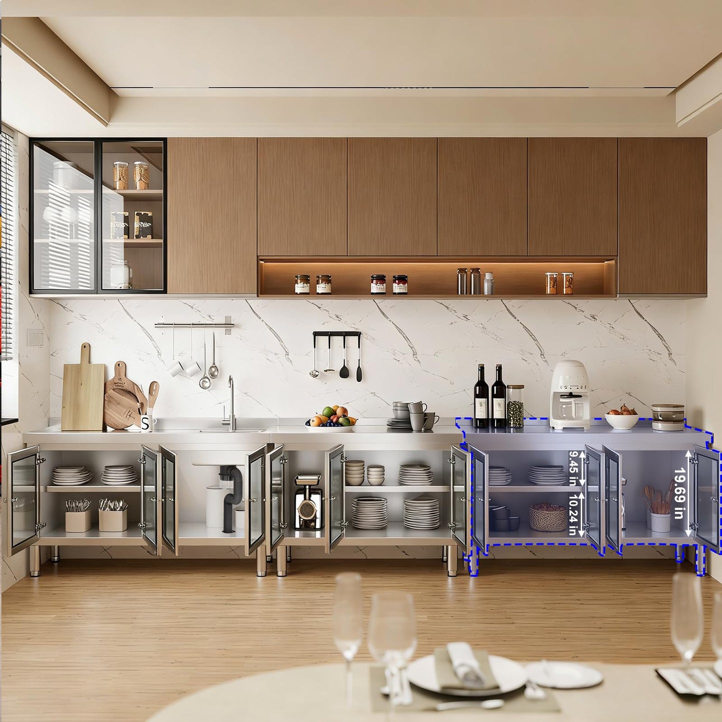 59" Stainless Steel Table Cabinet Heavy Duty Prep Table with 304 Stainless Steel Worktop and 4 Glass Doors Commercial Worktable Workbench with Storage Cabinet for Kitchen Garage Restaurant Outdoor
