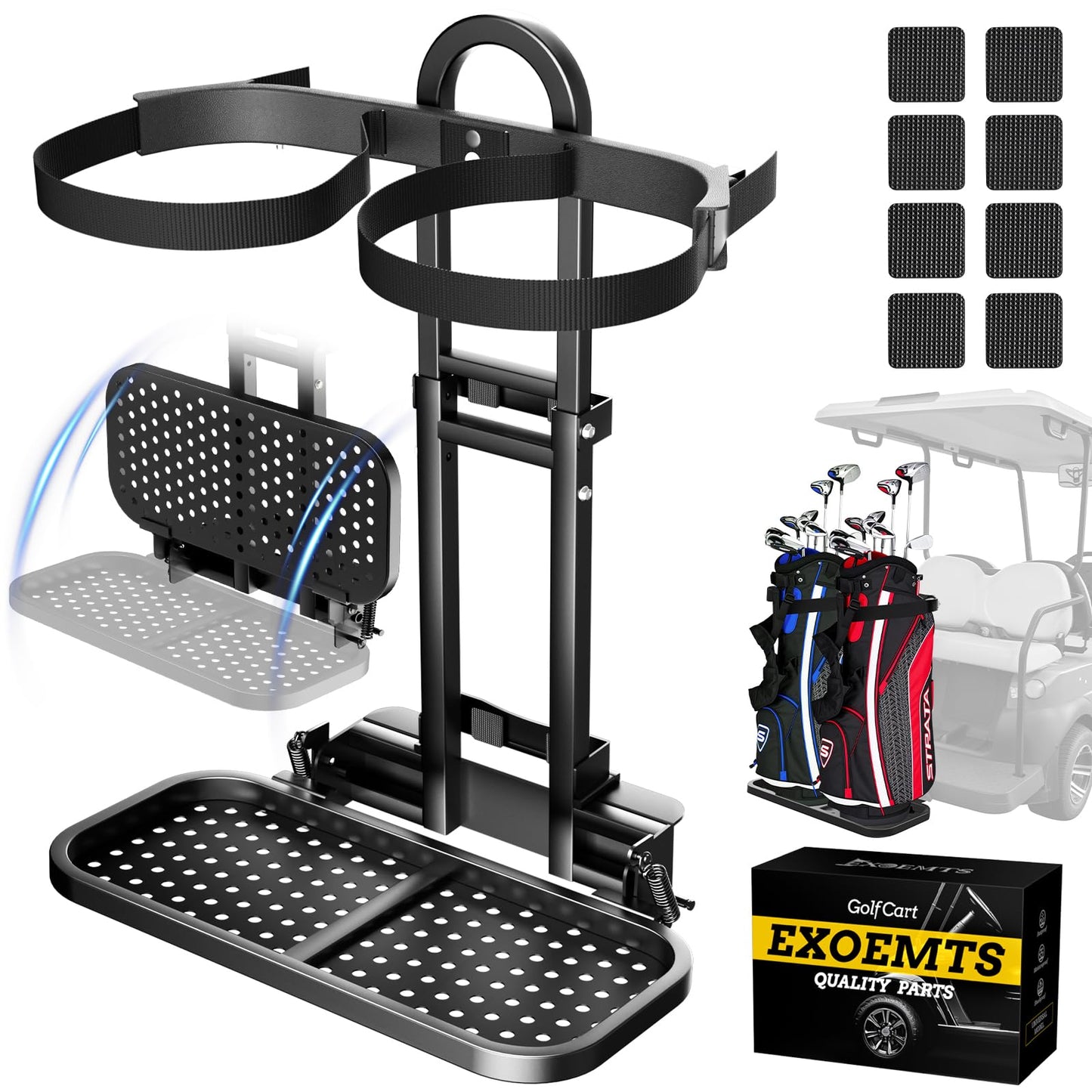 EXOEMTS Foldable Golf Cart Rear Seat Bag Holder, Upgraded Golf Cart Rear Seat Bag Rack ONLY FITS 8-Inch Max Width Grab Bar, for 4-Seater EZGO Club Car Yamaha, Preinstalled, Space-Saving, No-Drill