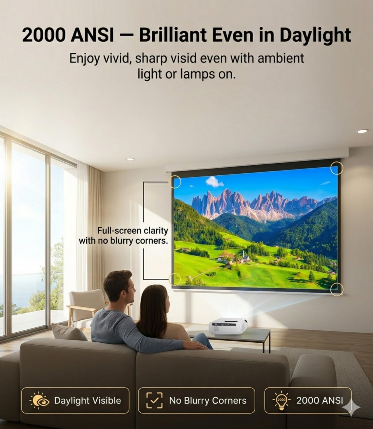 2000 ANSI Daylight Projector 4K, Smart Projector with WiFi 6 & Bluetooth, 38W Speakers, Smart OS, HDMI 2.1 ARC, Quick Focus, 350" Screen, Home Theater Movie Projector for Outdoor, Gaming, Bright Rooms