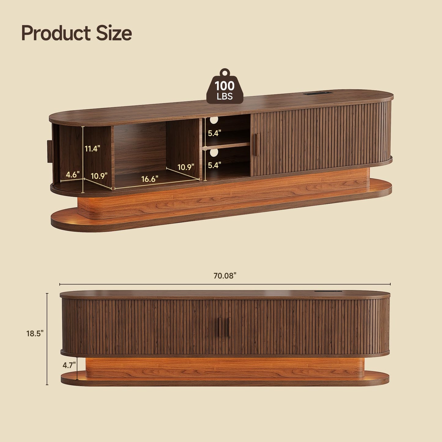 ONBRILL 70" TV Stand up to 80 Inch, Entertainment Center with LED Lights and Storage, Mid Century Modern Fluted TV Console with Power Outlet, Media Console for Living Room Bedroom (Walnut)
