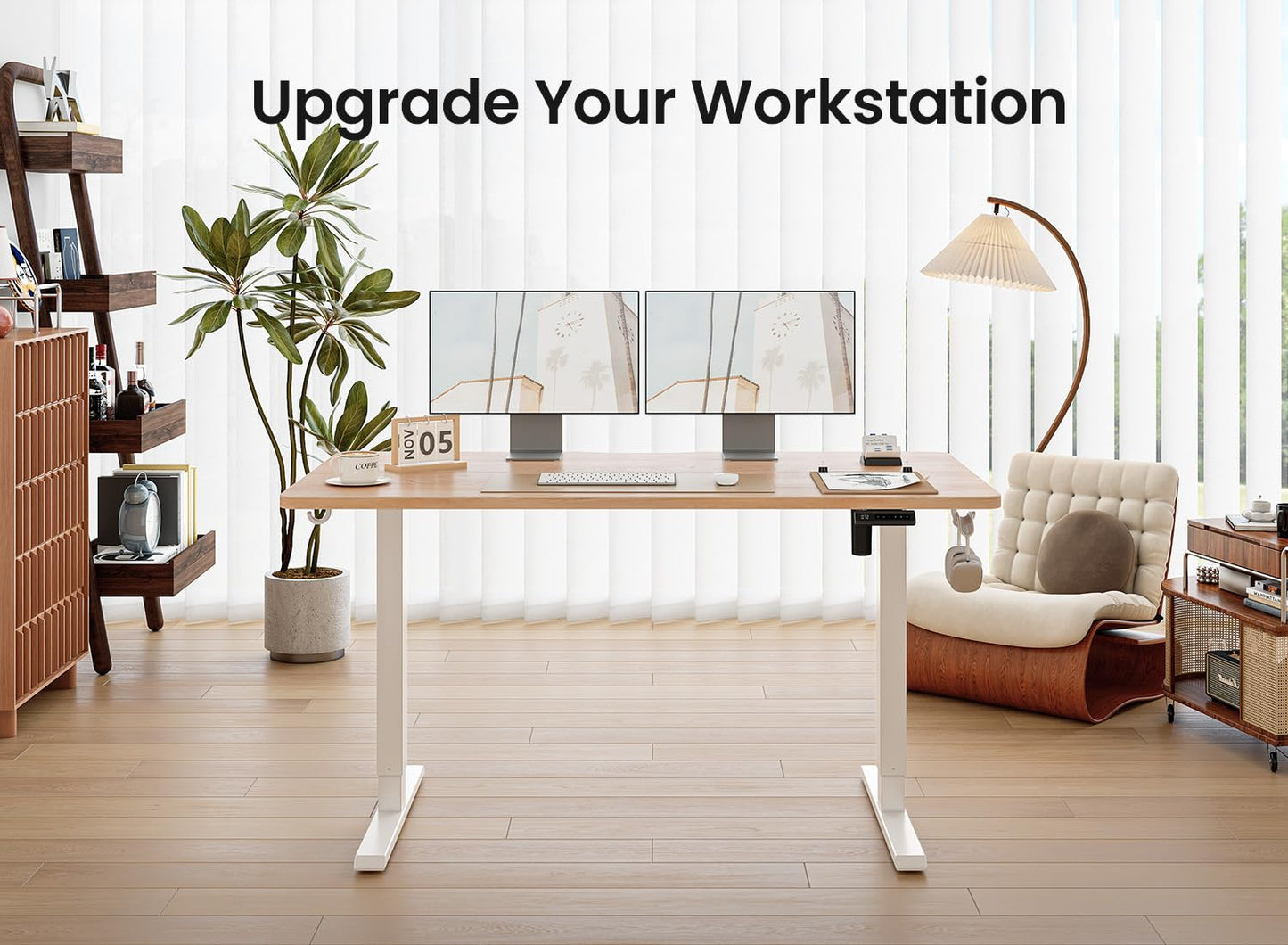 BANTI 63 × 28 Inches Standing Desk, Ergonomic, Electric Height Adjustable, Sit and Stand Up, Computer Desk with a Deeper Desktop, White Frame/Maple Top