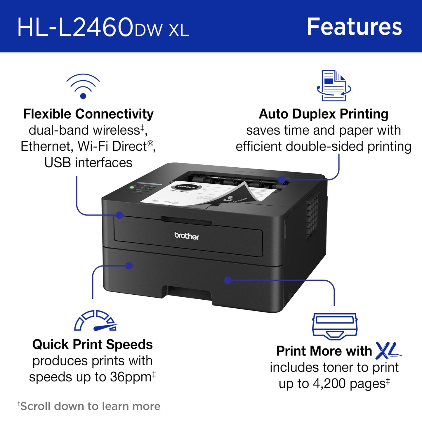 Brother HL-L2460DWW XL Wireless Compact Monochrome Printer with Duplex Copy & Scan, Fax, Black & White | Up to 4,200 Pages of Toner Included(1), Works with Alexa