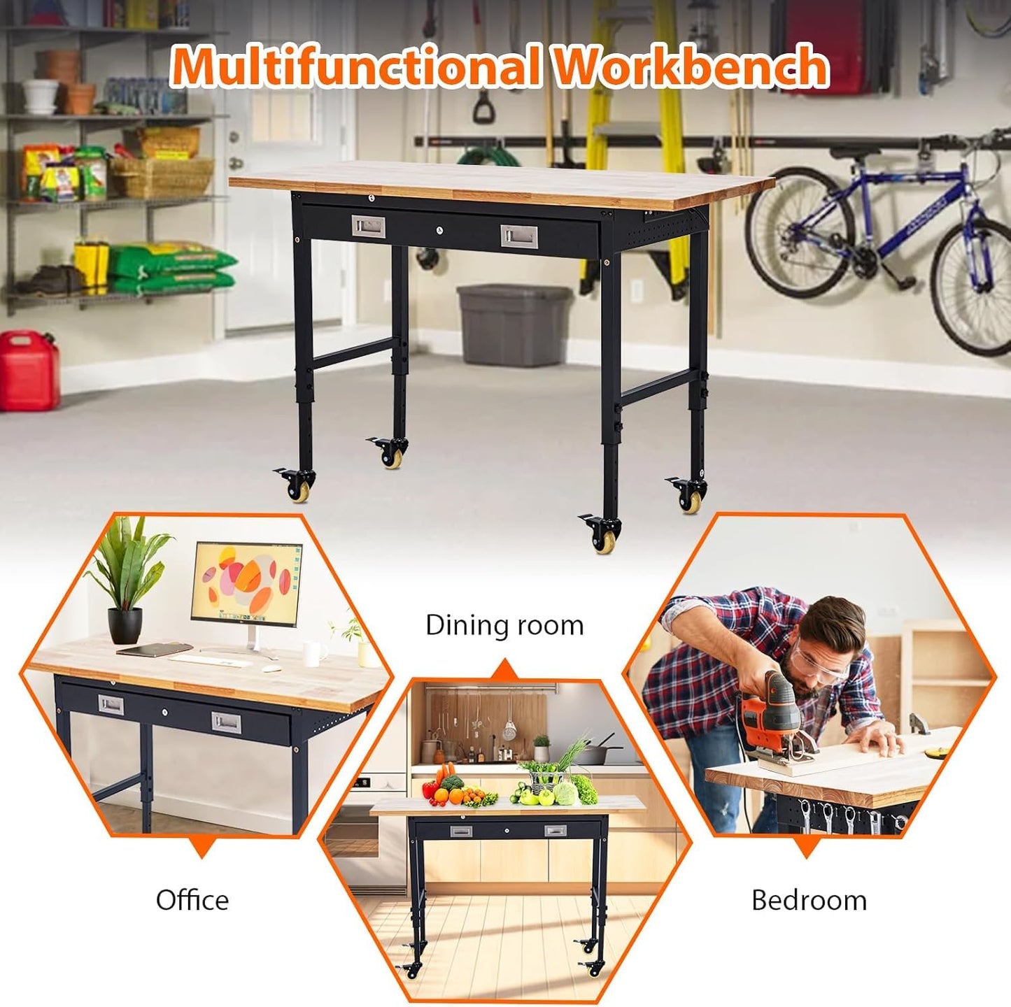 60" x 22" Adjustable Height Workbench - Heavy Duty 2000 lbs Load Capacity, Solid Rubber Wood Top, Sturdy Metal Frame, Workstation with Drawer & Rolling Casters, Power Outlets for Garage & Workshop