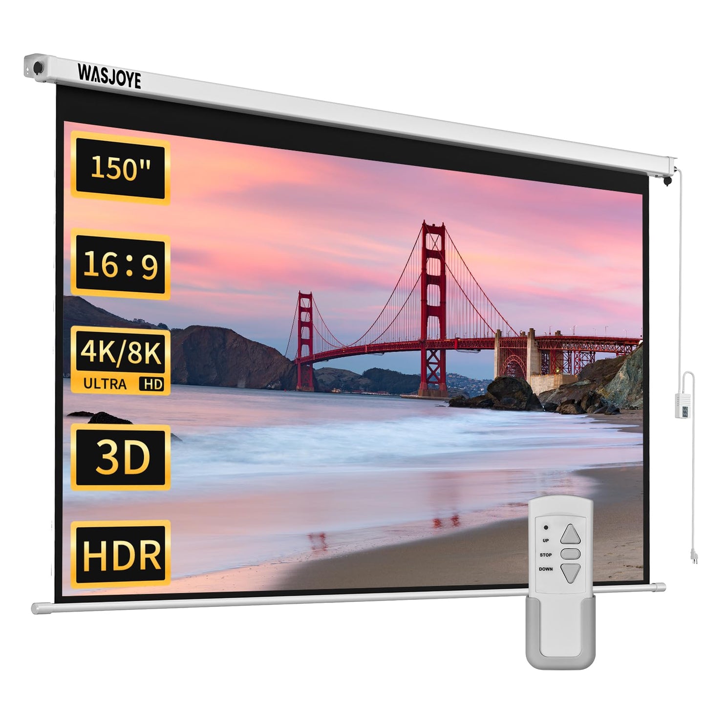 Motorised Projector Screen 150" - 16:9 Electric Projector Screen Wall/Ceiling Mount with Remote Control - 8K HD Projection Screen Dual Side Power Supply for Home Theater Office TV Game
