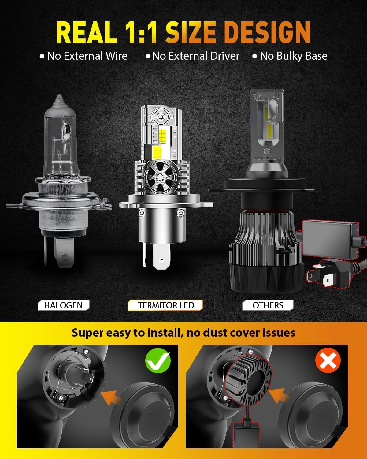 Termitor H4/9003/HB2 Bulbs, 50,000LM, 6500K Cool White, Mini Halogen Size, Plug and Play, Pack of 2