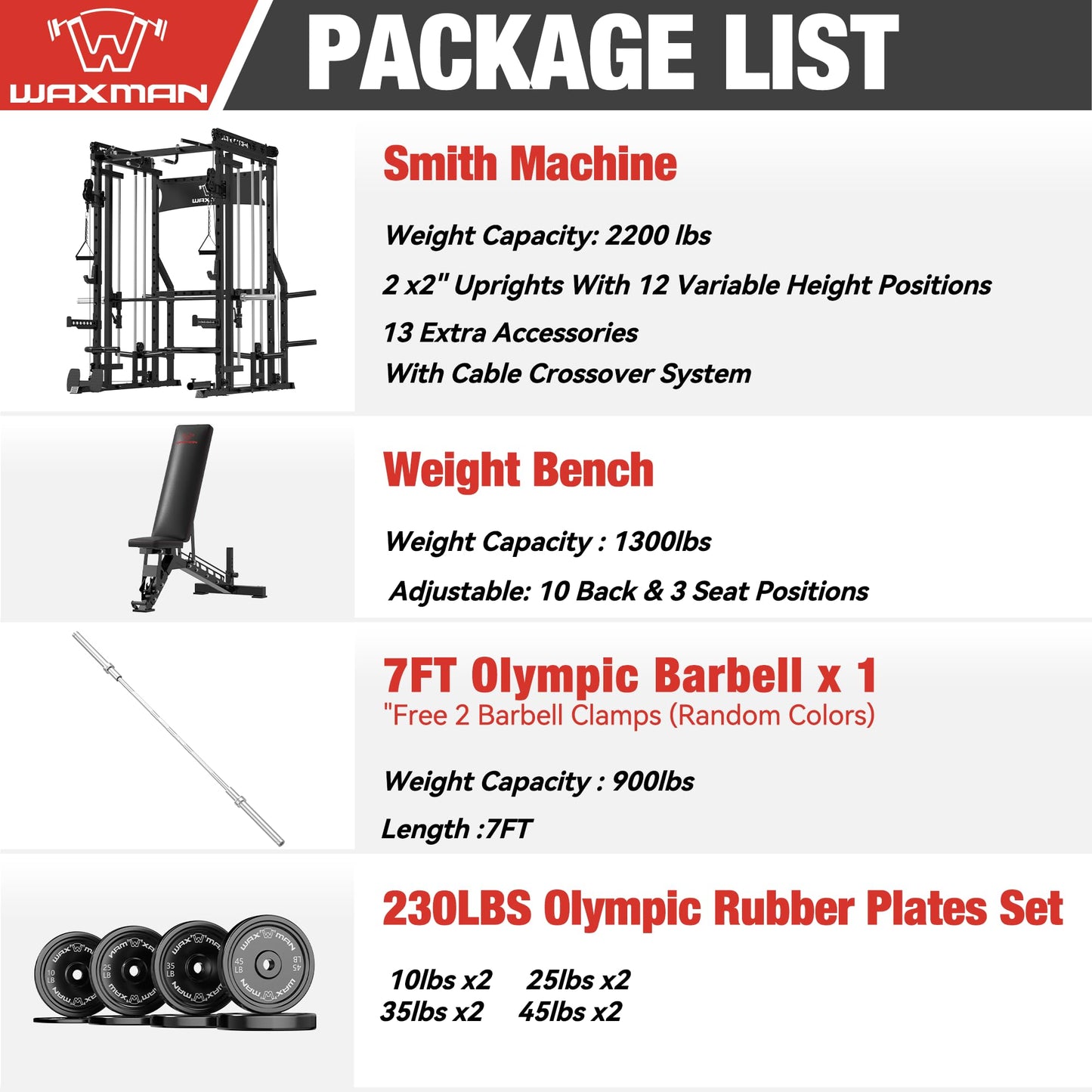 Waxman Smith Machine, 2200lbs Squat Rack with Pull Down System & Cable Crossover Machine, Training Equipment with Leg Hold, Down Attachment for Garage and Home Gym Packagewith 340lBS Black Plates