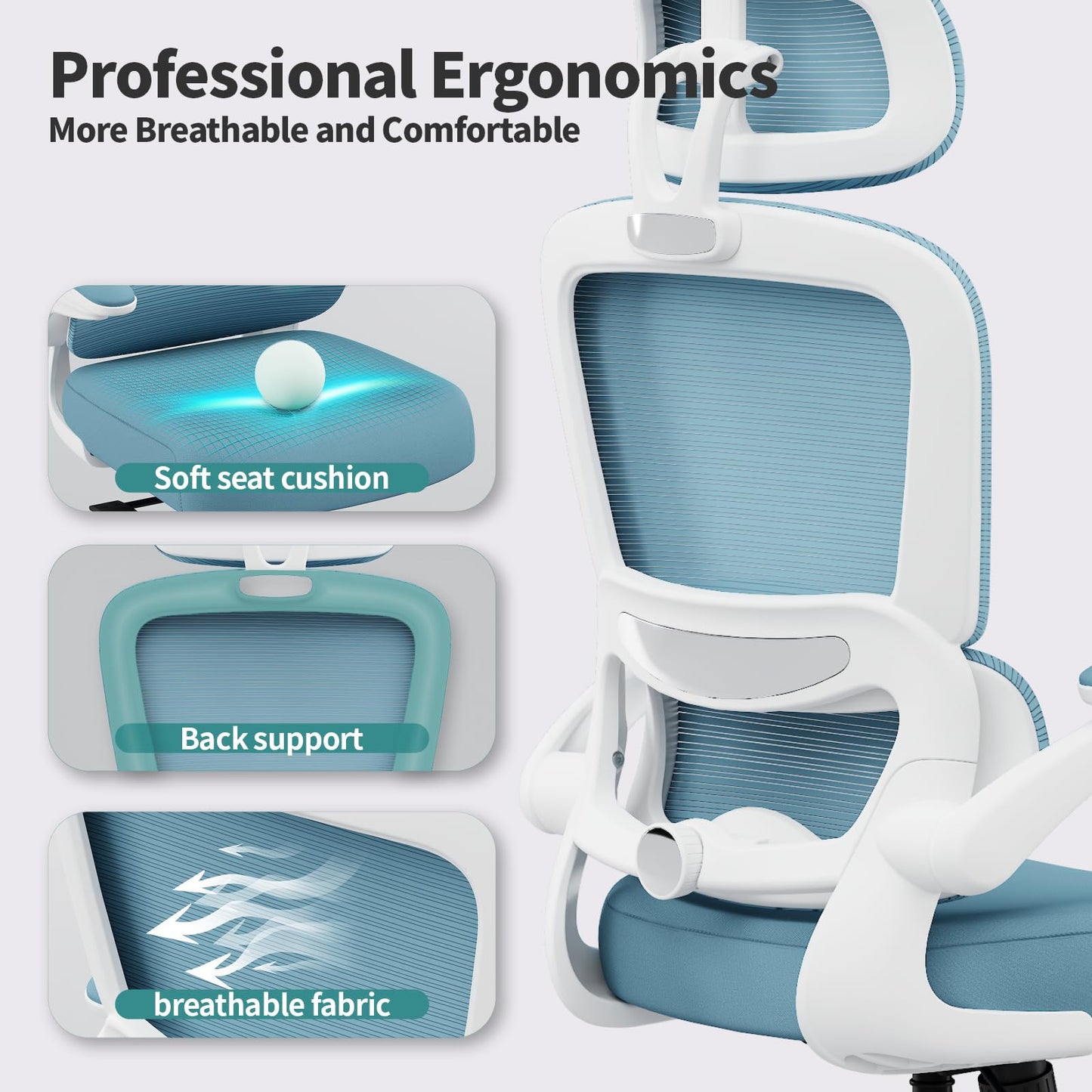 TRALT Office Chair Ergonomic Desk Chair, 330 LBS Home Mesh Office Desk Chairs with Wheels, Comfortable Gaming Chairs (Sky Blue)
