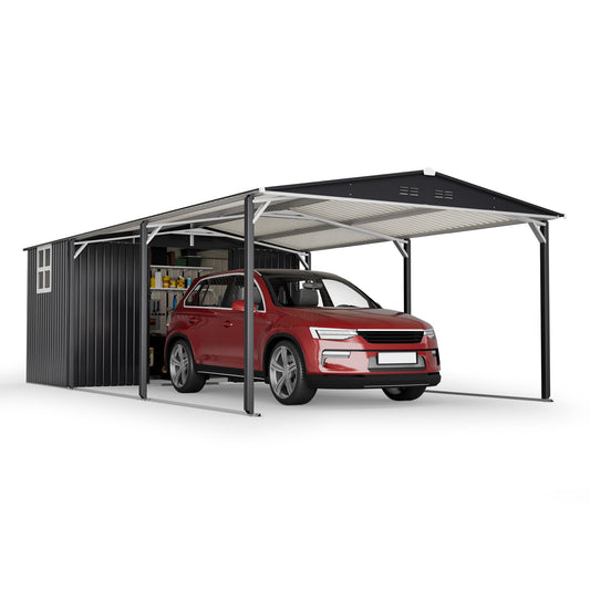 ZMAD 12'x23' Metal Carport Storage Shed 2-in-1, Heavy Duty Steel Garage with Sliding Door, UV Panel & Waterproof Sloped Roof, Reinforced Structure for Car Boat Tractor Farm(Style B)