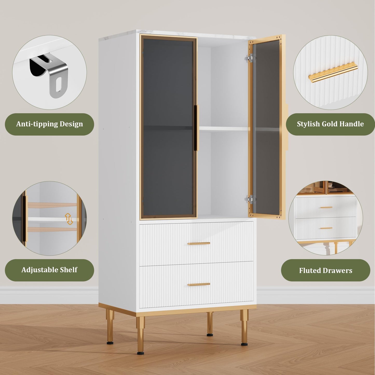 Fluted Glass Door Storage Cabinet - Modern White Display Cabinet with Adjustable Shelves & 2 Drawers for Kitchen Pantry or Living Room Organization(White)