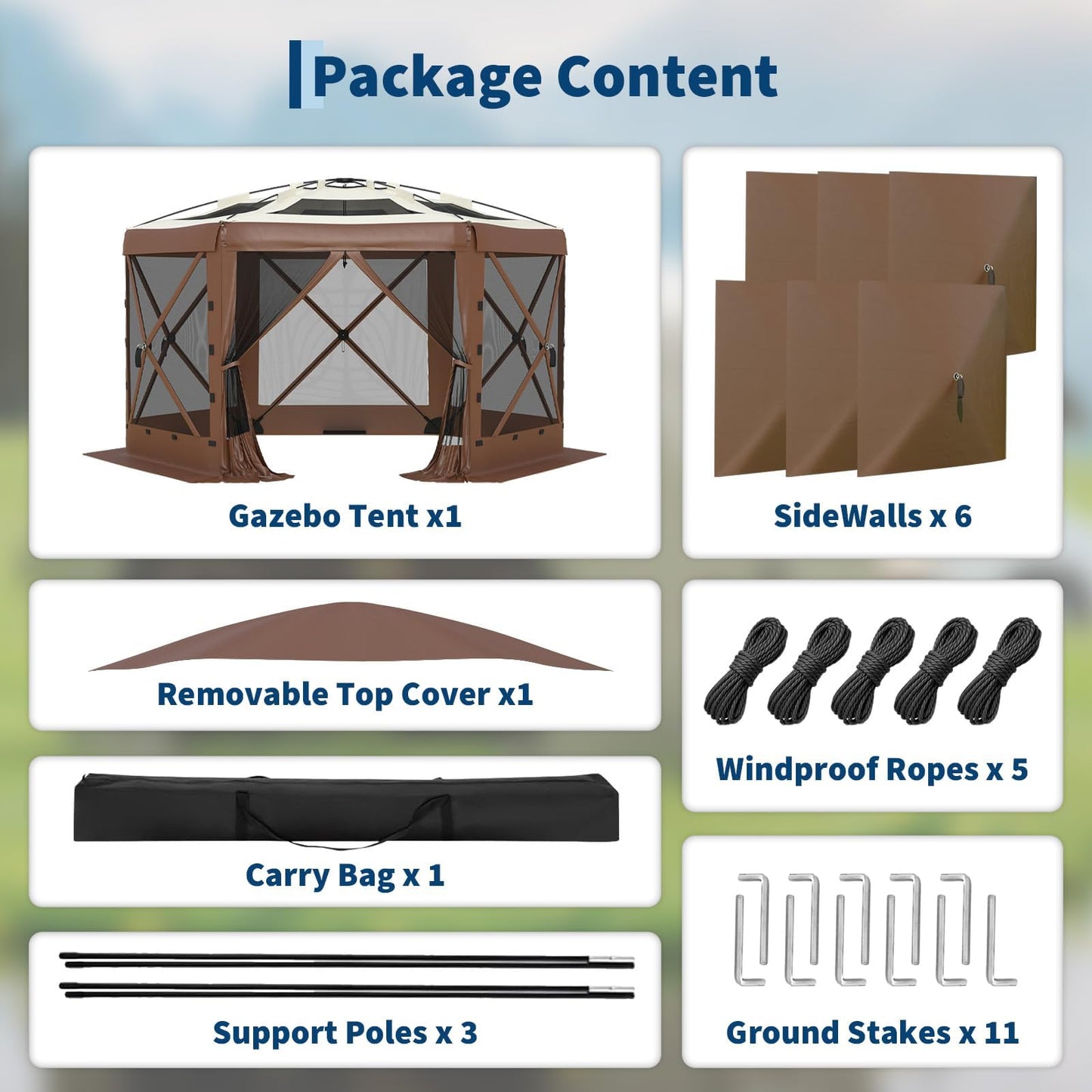 GarveeLife 11.5x11.5FT 6-Sided Pop Up Gazebo Tent，One-Push Setup Canopy Tent with Mesh Panels & Removable Wind Cloths, Outdoor shelter for Camping, Backyard Parties, Outdoor Events - Beige & Khaki