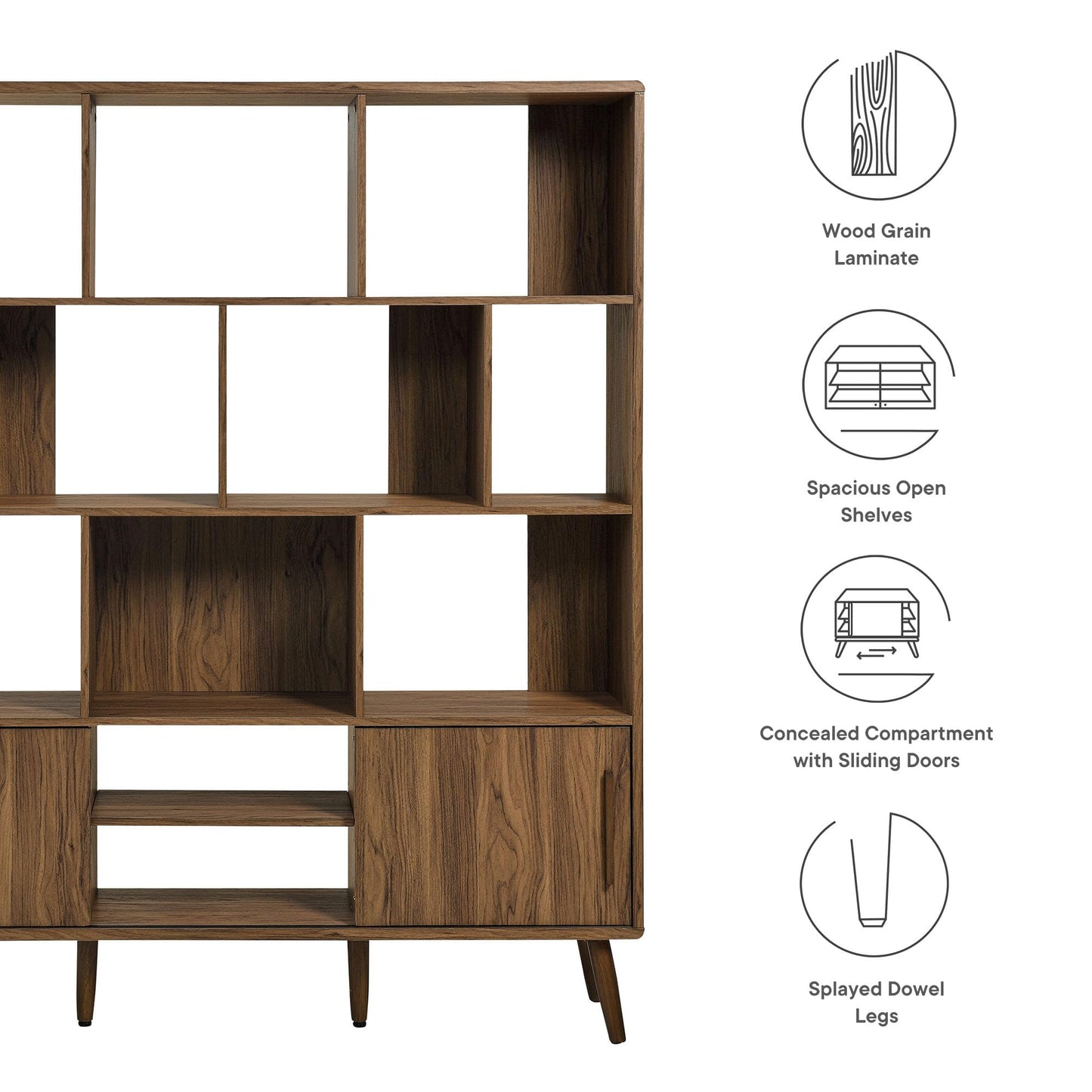 Modway Transmit 14 Shelf Bookcase with Sliding Doors in Walnut - 59 Inch Wood Mid-Century Modern Bookshelf - 4 Tier Wide Open Display Storage Cabinet for Living Room, Office, Hallway