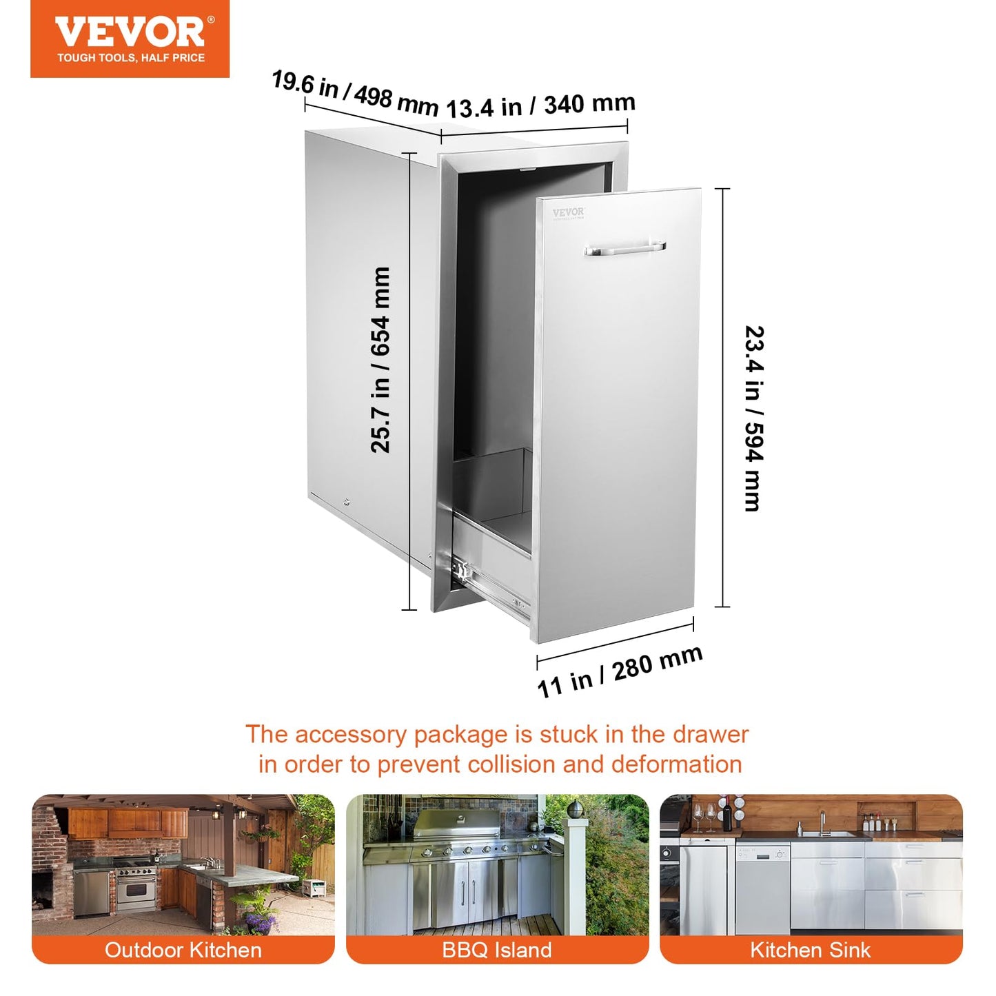 VEVOR Pull-Out Trash Drawer 13.4"W x 25.7"H x 19.6"D Lower Sliding Rails Steel Roll-Out Trash Bin Pull-Out Tray Outdoor Handled Kitchen Trash Drawer for BBQ Island Grill Station Trash Can NOT Included