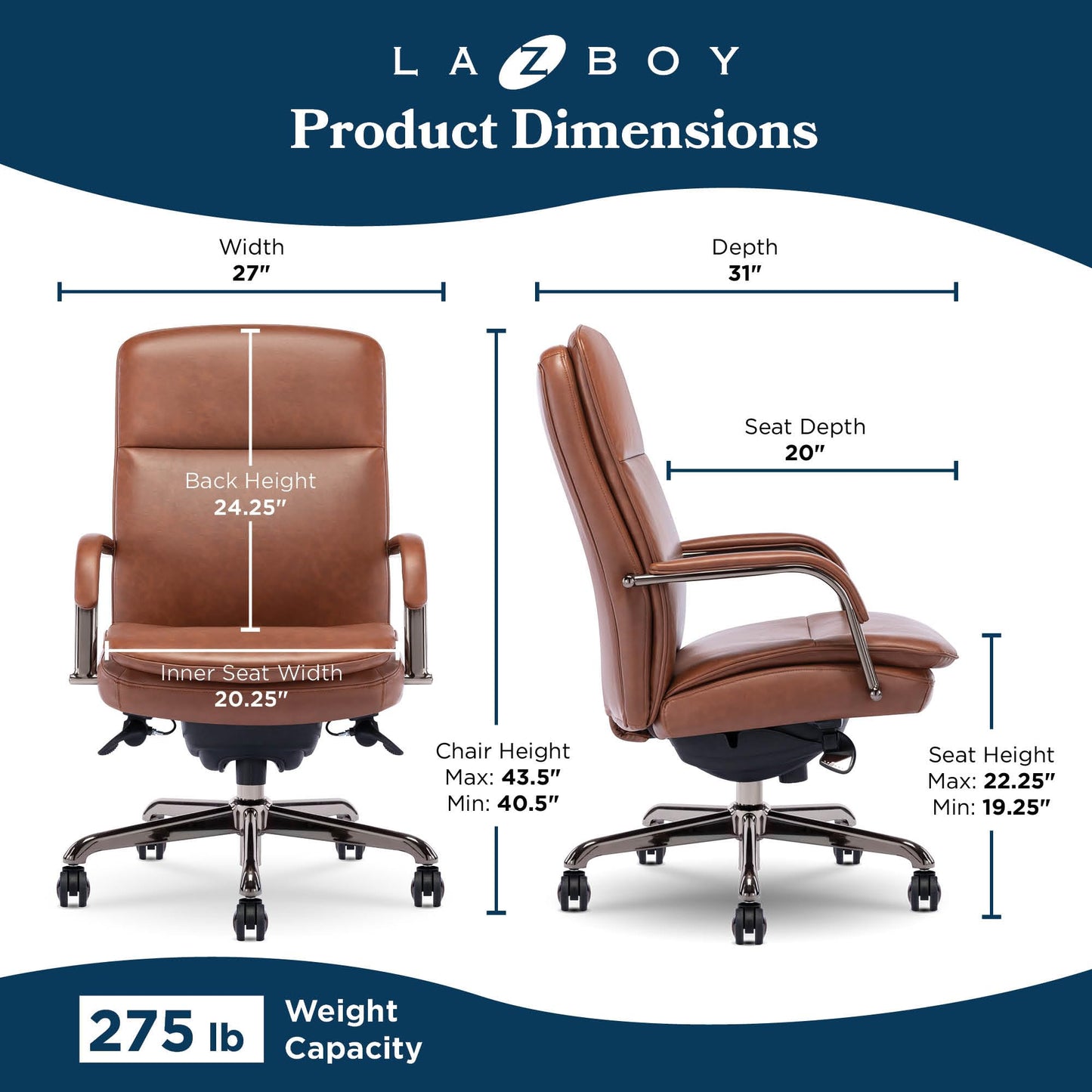 La-Z-Boy Opus Executive Mid-Back Office Chair, Channel-Tufted Seat and Back, Double-Layer Cushion, Padded Arms, Ergonomic Computer Desk Chair, Swivel Metal Base, Bonded Leather, Cognac and Graphite