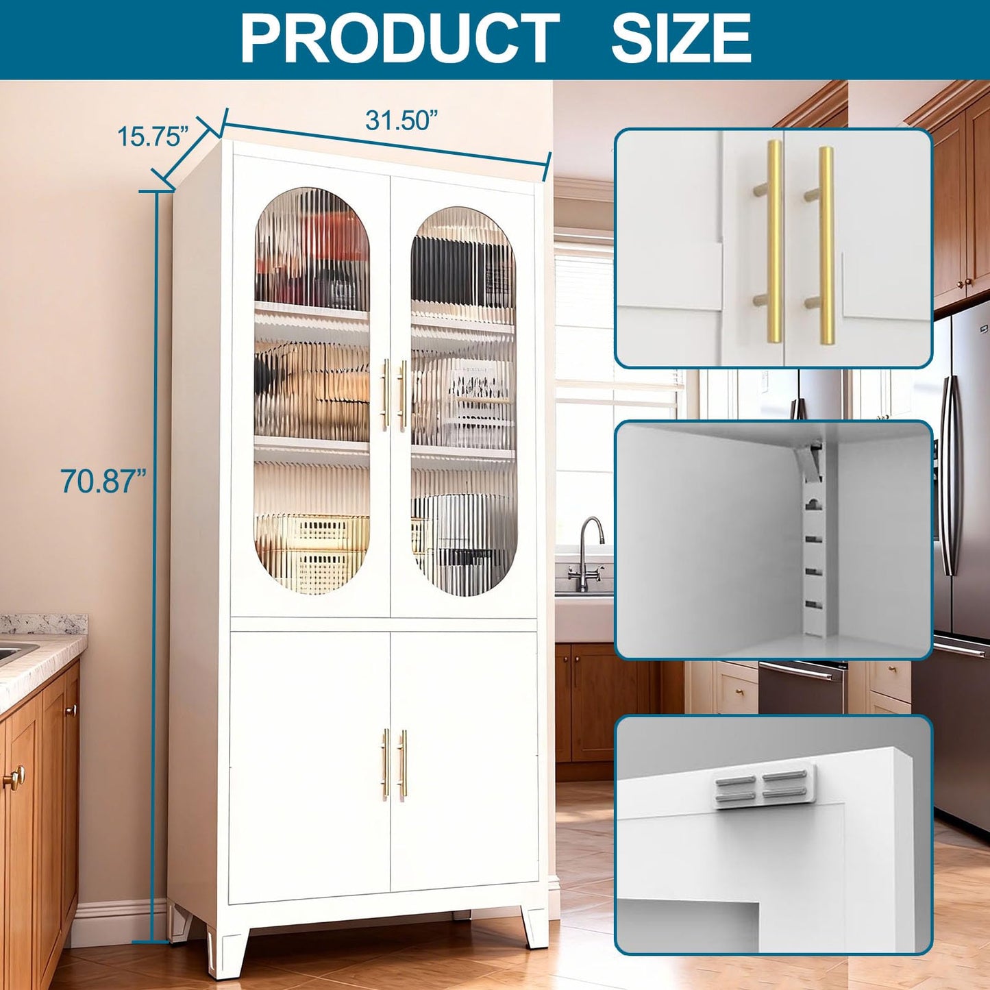 GarveeHome 70 Inch Tall White Pantry Cabinet for Small Spaces – Freestanding Kitchen Storage Cupboard with Frosted Glass Doors & Customizable Interior, Fits Bathroom, Dining or Home Office