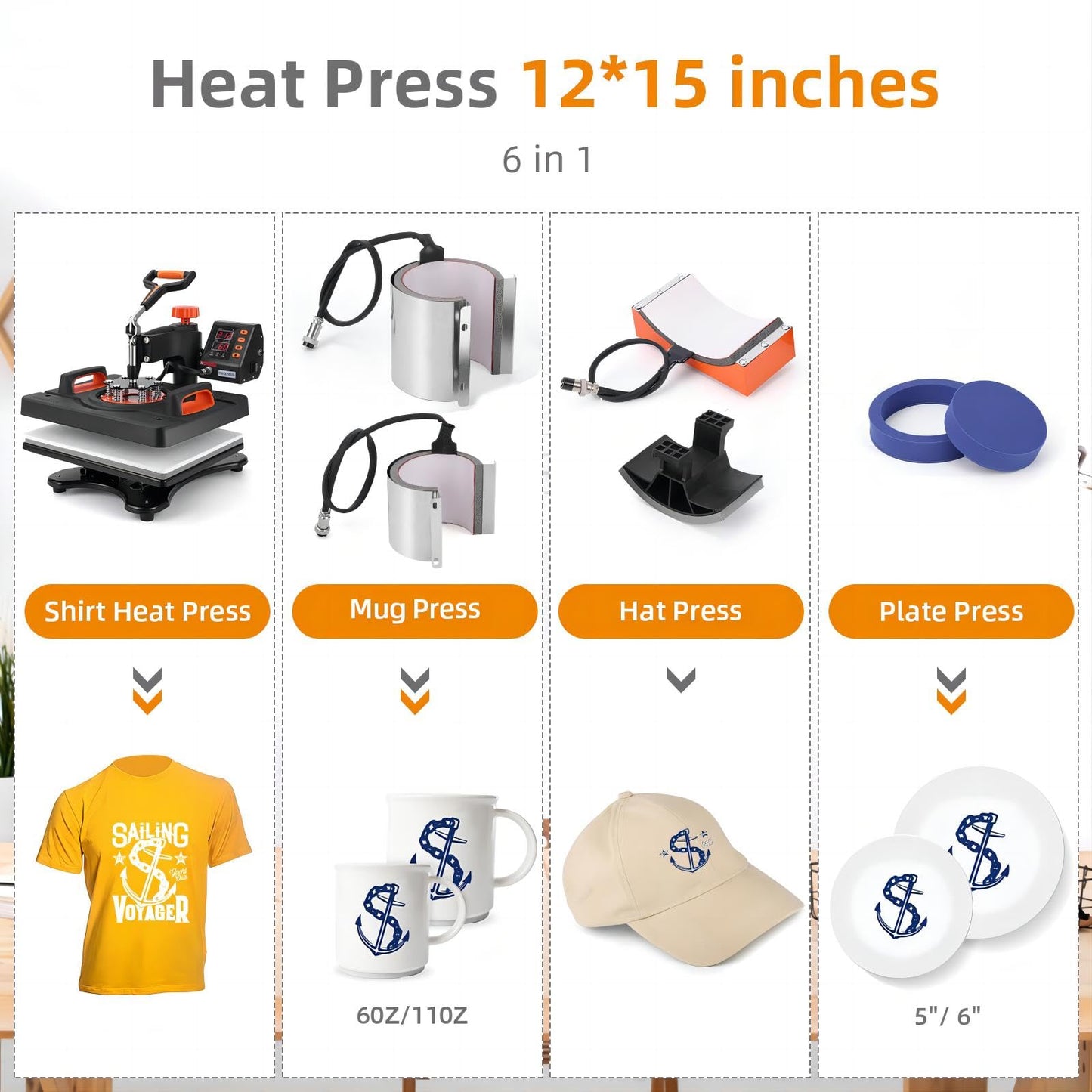 6 in 1 Heat Press Machine, 12" x 15" Professional Sublimation Machine, Heat Press Machine for T-Shirts, 360° Swing Away, 0-410℉, 3 Preset Modes Heat Transfer Machine