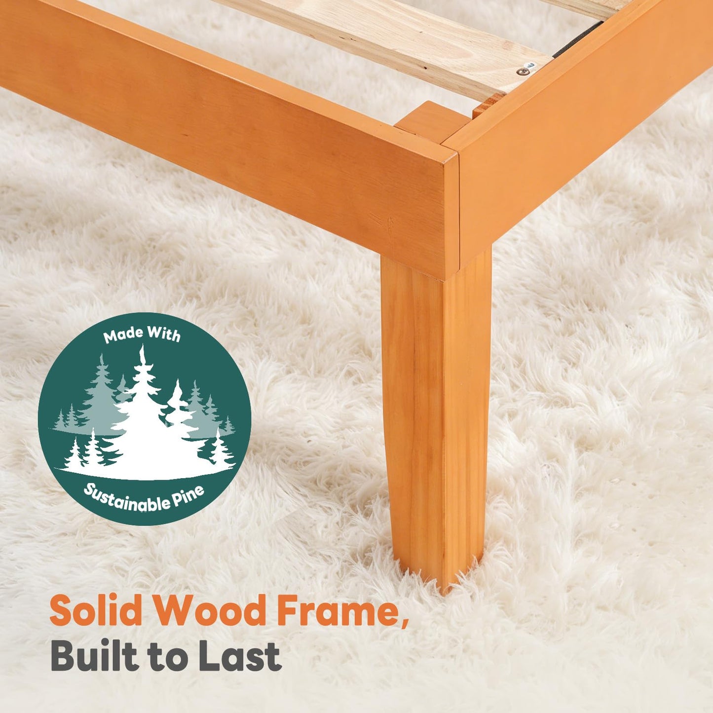 Sweetcrispy King Size Bed Frame 16 inch Heavy Duty Platform Bedframe, 1000 lbs Capacity, Underbed Storage, No Box Spring Needed, Wooden Slats, Easy Assembly with Velcro, Honey Finish