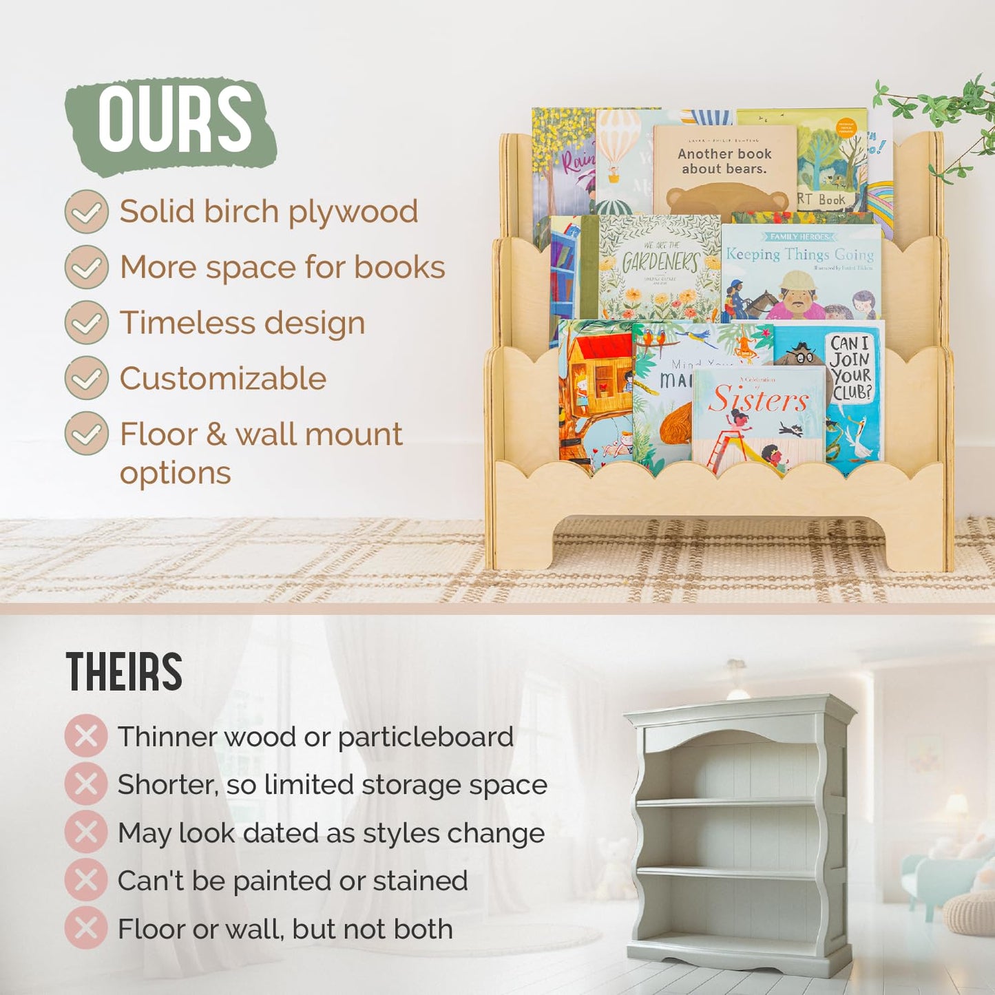 Fable Twig Wooden Kids Bookshelf w/Scalloped Edges- Made in USA- Perfect Height 3-Tier Montessori Shelf- Durable Childrens Bookcase for Kids Room or Playroom- Baby Book Shelf Nursery