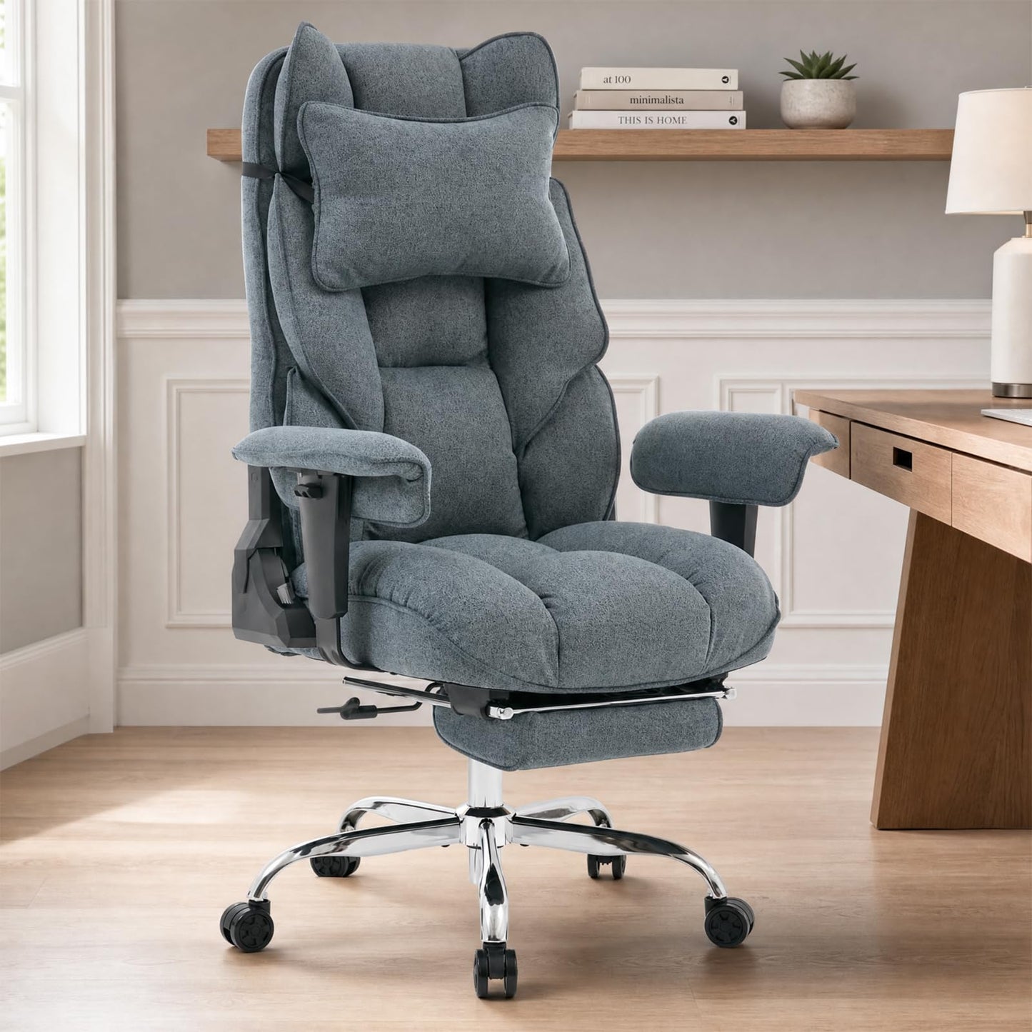 mokodo Ergonomic Office,Fabric Executive Desk Chair with Pocket Spring Cushion, 155° Reclining Computer Chair, Big and Tall Heavy Duty Seat with Adjustable Headrest & Lumbar Support (Dark Blue)