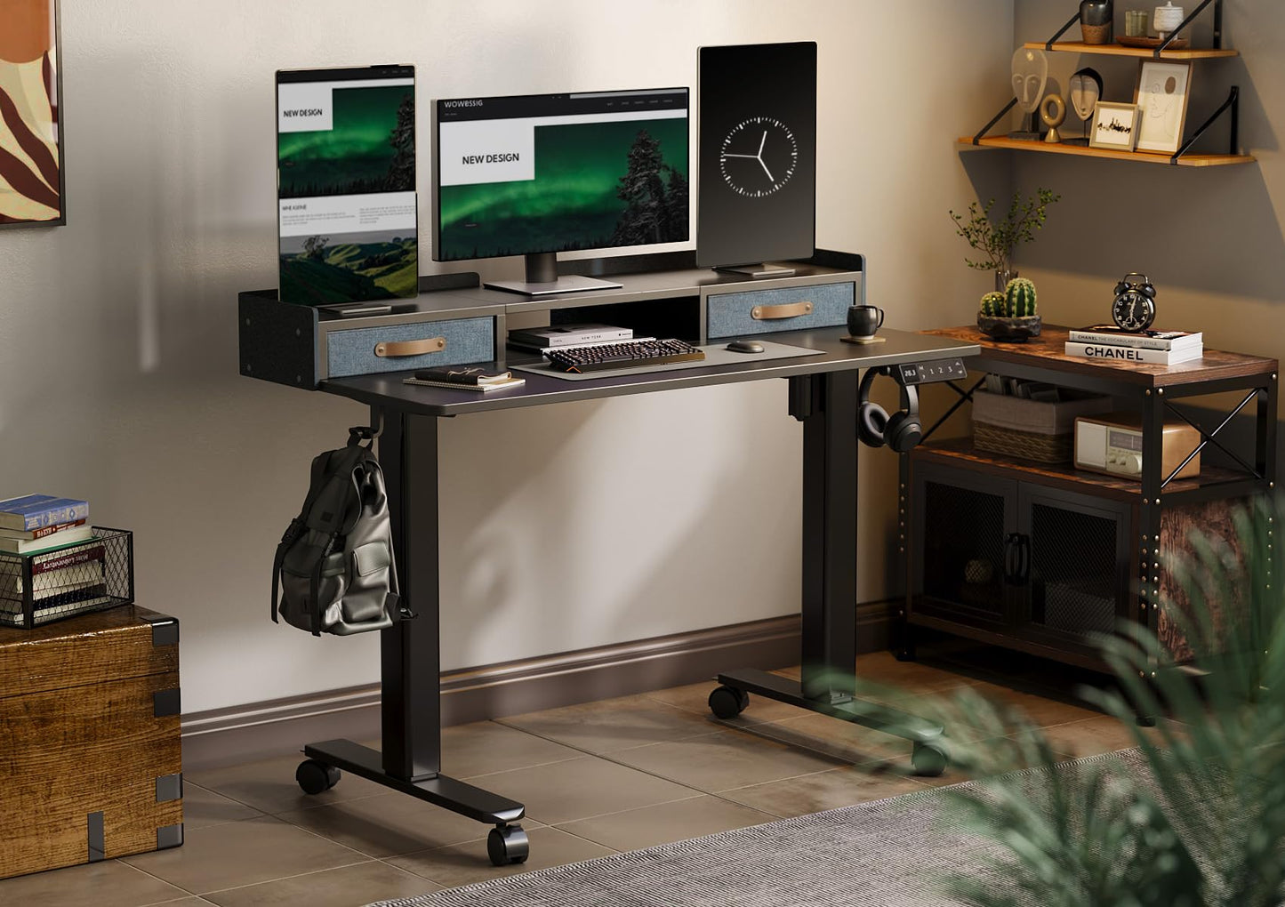 YDN Standing Desk with Drawers, 48 Inch Standing Desk Adjustable Height, Adjustable Electric Stand Up Sit Stand Small with Storage and Shelf, Black