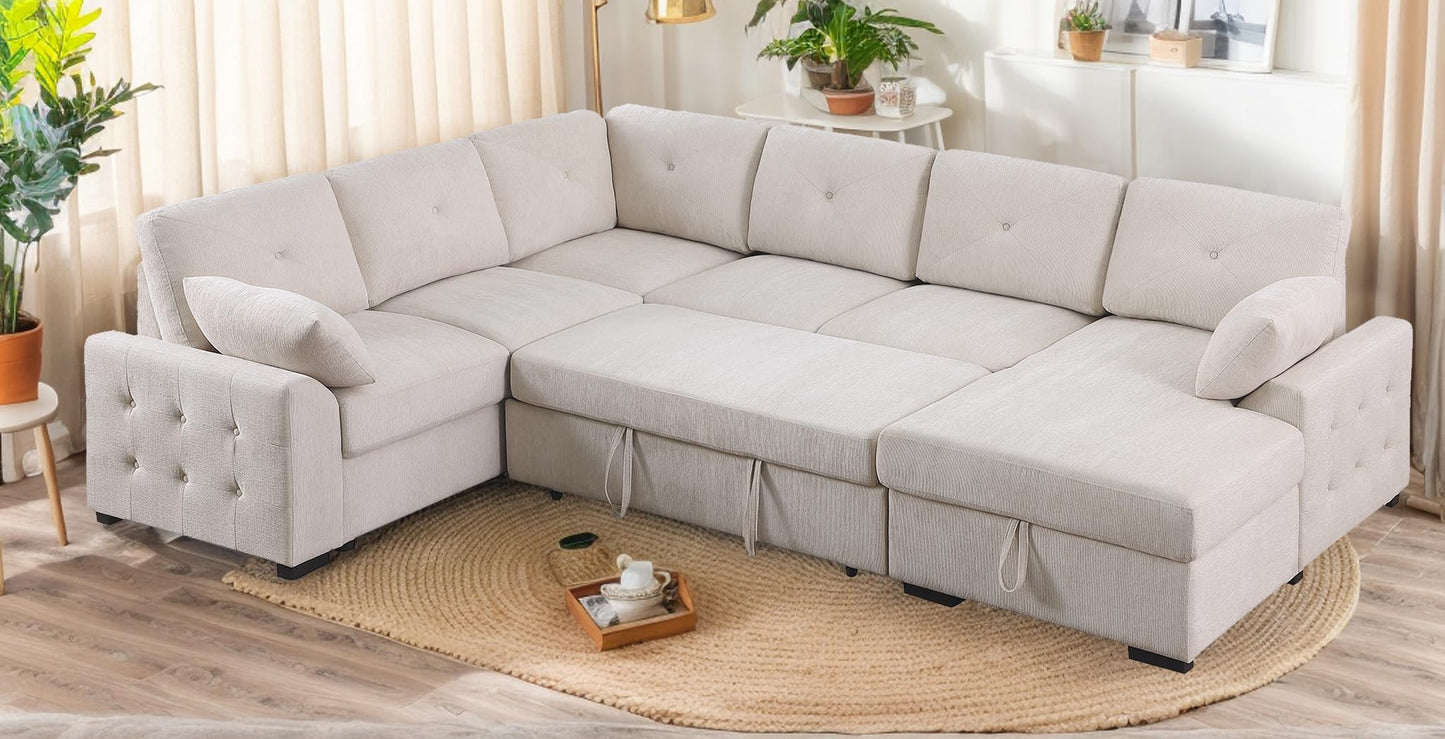 ERYE U-Shaped Pull Out Sleeper Couch Bed, Modern Chenille Upholstered Button Tufted Corner Couch Right Facing Sectional Sleeper Sofa Bed W/Storage Chaise and 2 Pillows