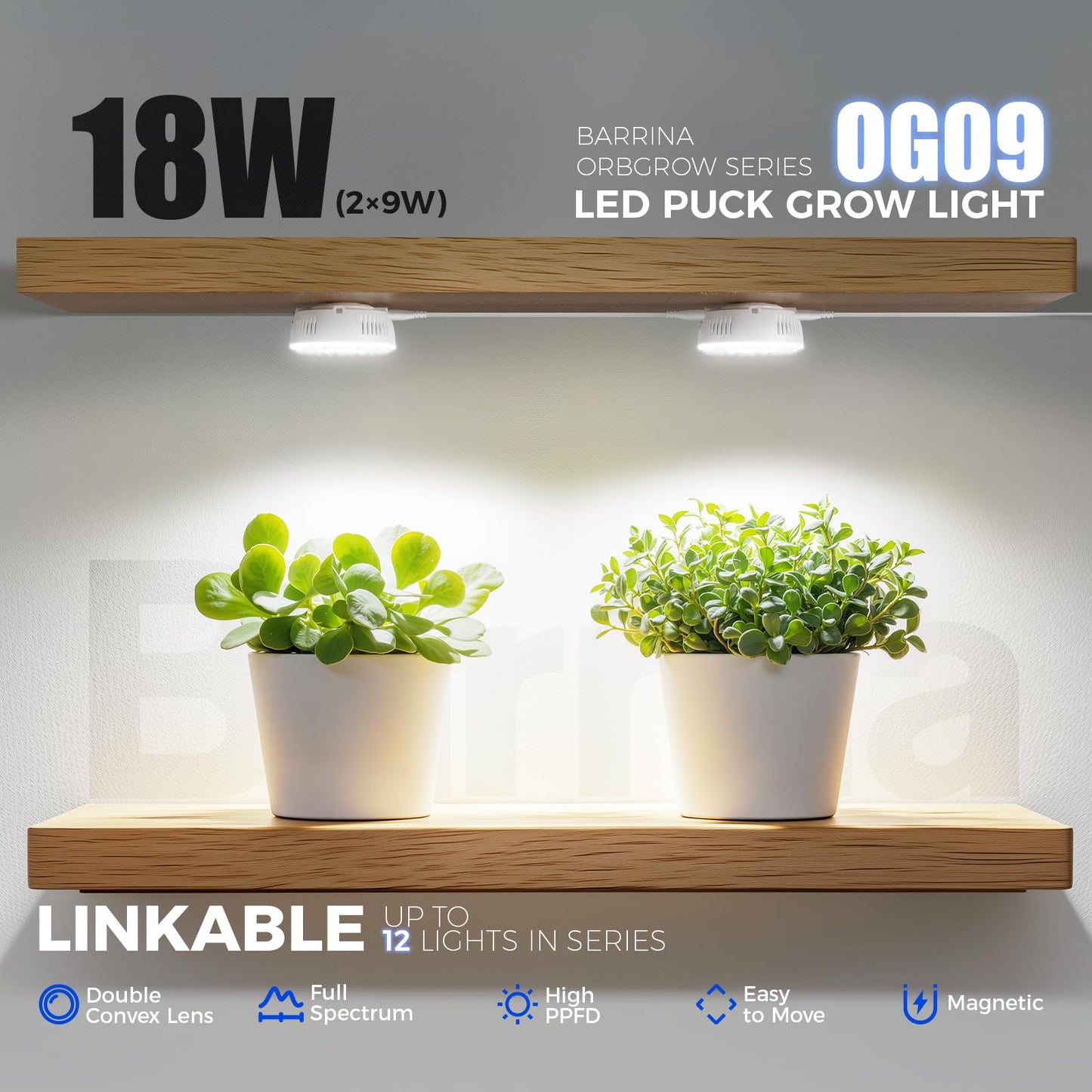 Barrina Grow Light OG09, Full Spectrum, 5000K, 18W (2 x 9W), 2 Packs with Timer, Magnetic & Linkable, 5 Levels Dimm