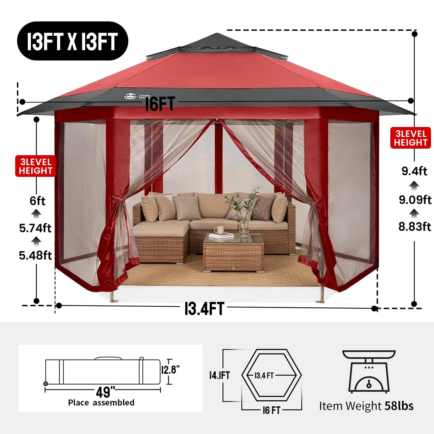 CROWN SHADES 13x13 Pop Up Gazebo with Mosquito Nettings, Patented CENTERLOK 6-Sided Portable Gazebo, 300D Silver-Coated Fabric UV Resistant, Pop Up Canopy Tent for Patio, Party, Red&Grey