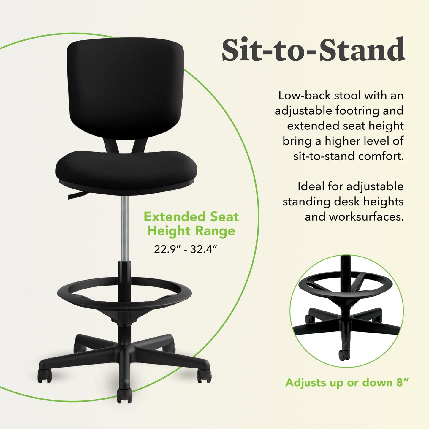 HON Volt Standing Desk Chair with Bonded Leather Seat and Back, Armless Ergonomic Task Stool with Adjustable Footring and Center‑Tilt Recline for Sit‑Stand Workstations, Black