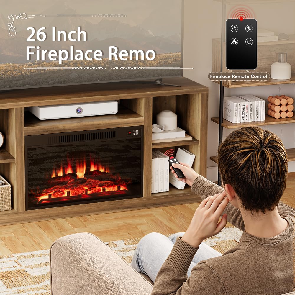 YESHOMY Electric Fireplace TV Stand for Televisions up to 65+ Inch, Mid Century Modern Media Entertainment Center Console Table with Four Open Storage Shelves & Cabinets, 58 Inch, Yelloe Barnwood