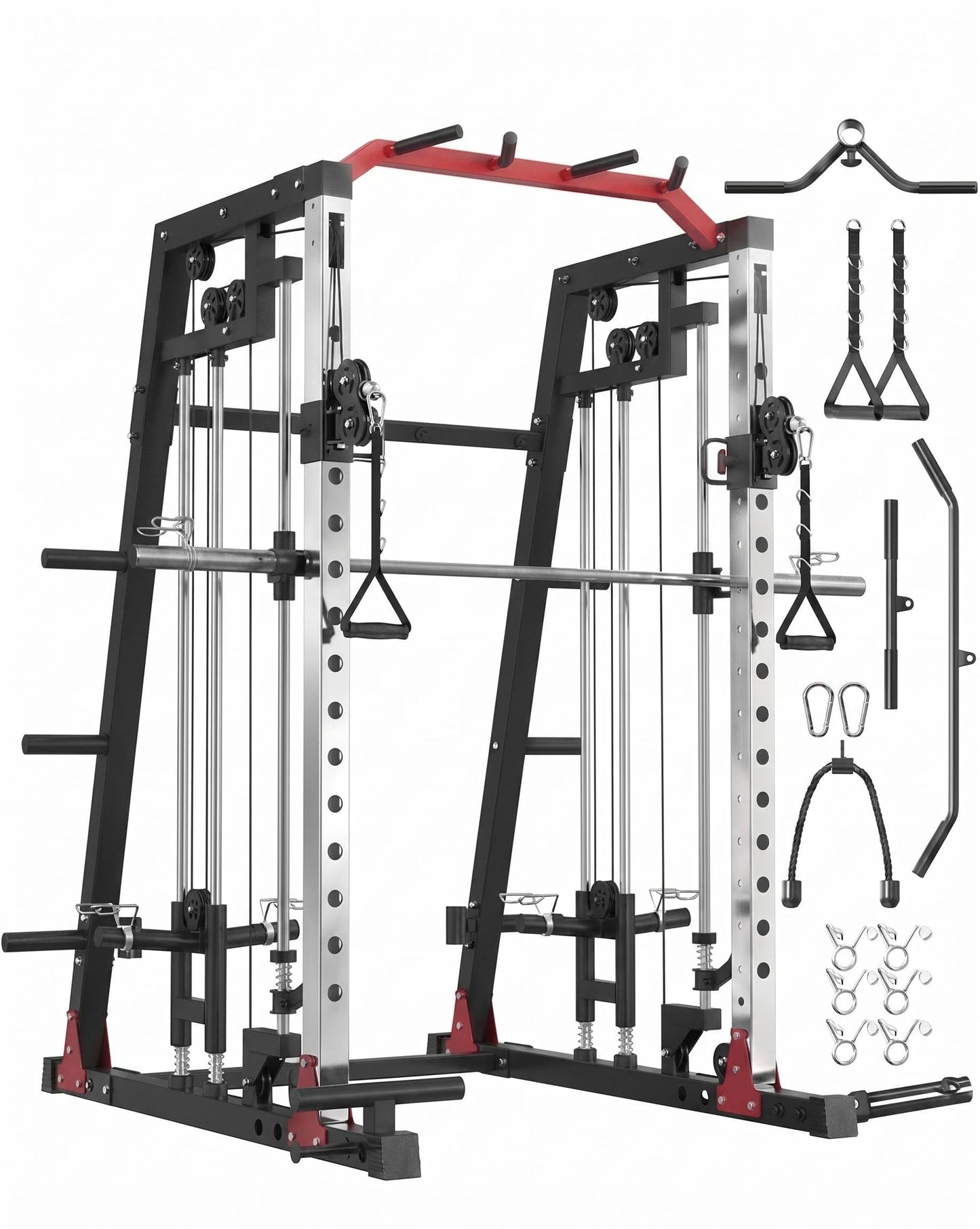 Smith Machine Home Gym, 2200lbs Squat Rack Power Cage with LAT-Pull Down System & Cable Crossover Machine, Multi-Function Training Equipment with Leg Hold-Down Attachment