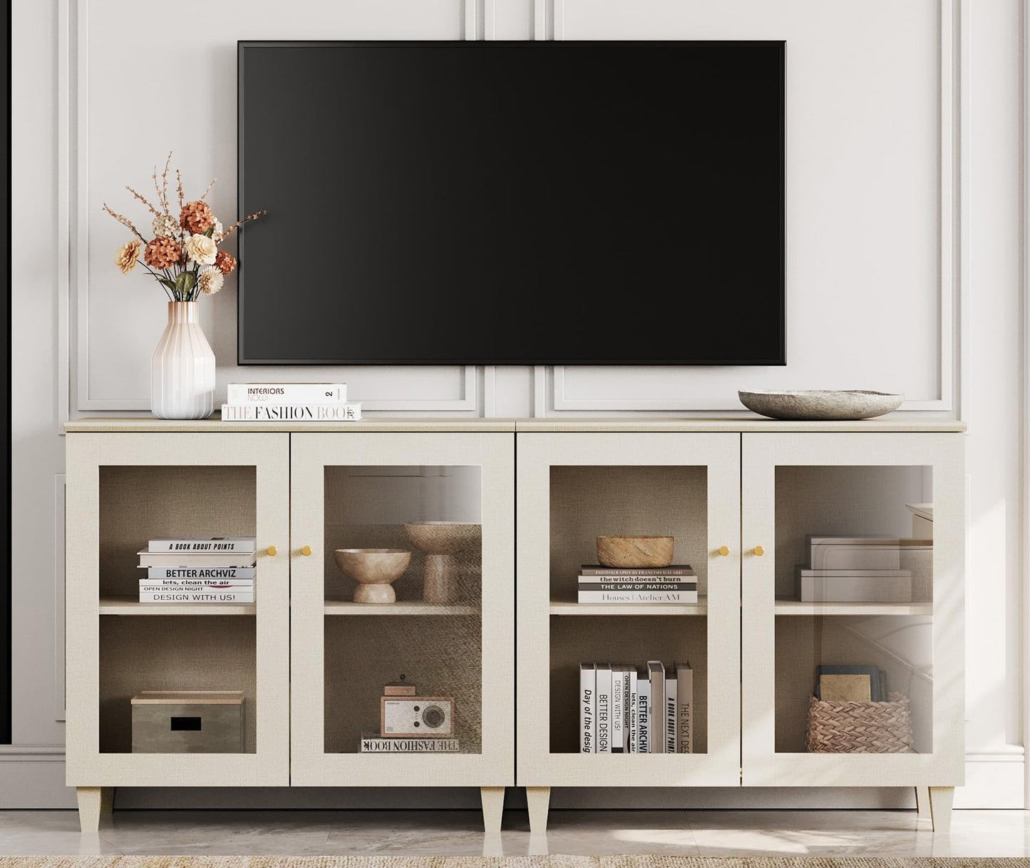 WAMPAT TV Stand for 75+ Inch TV, Media Console w/Glass Doors, Light Beige