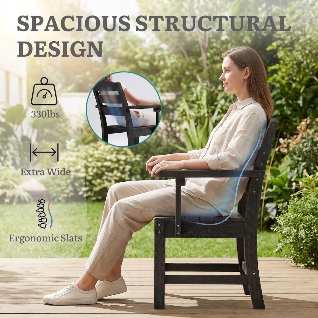 YITAHOME Wood-Grain Textured Resin Patio Dining Chairs, 330 LBS Capacity All-Weather Outdoor Chairs, Sturdy Wide Seat for Backyard, Garden, Terrace & Poolside, Black, 2 PCS