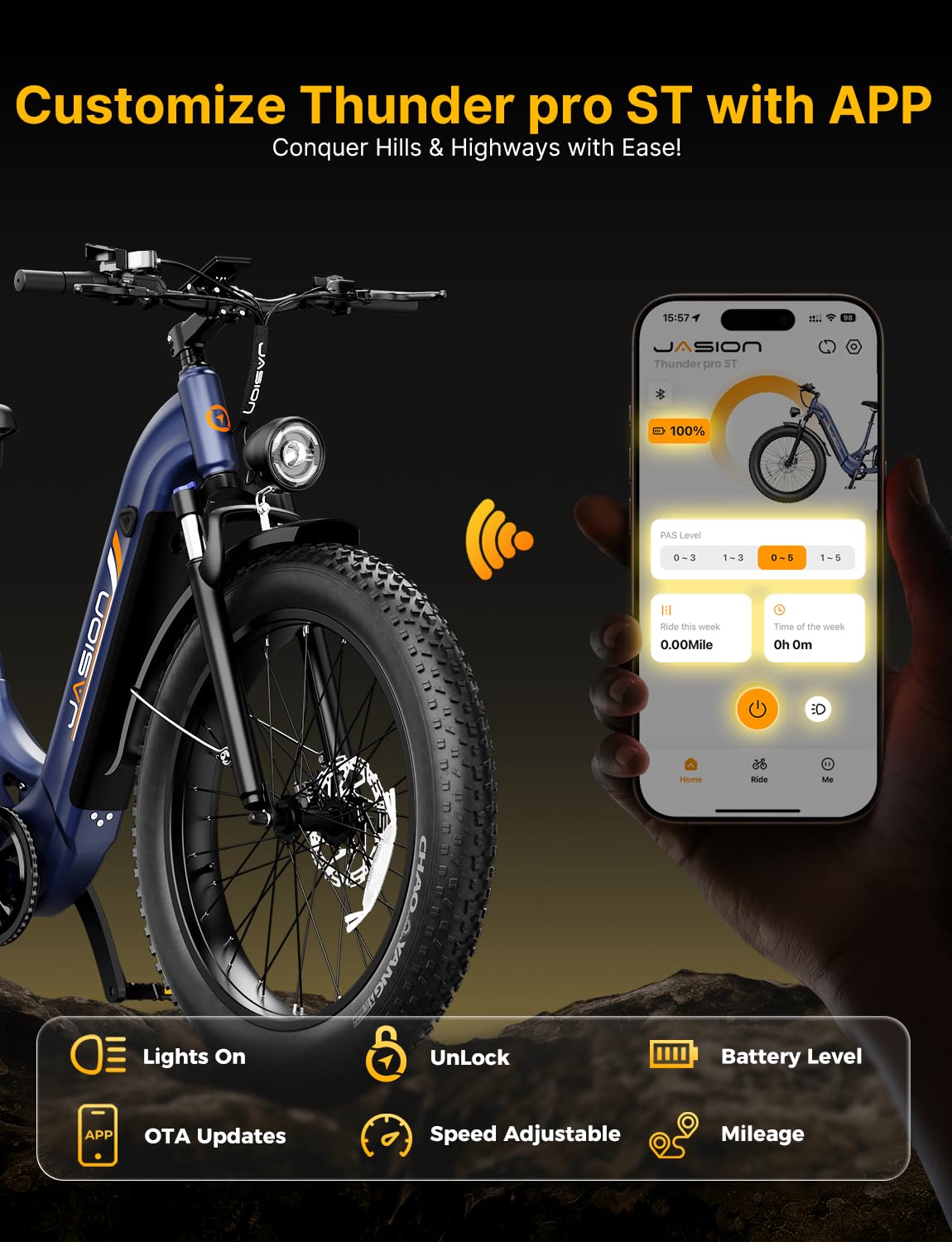 Jasion Thunder Pro ST Electric Bike,2000W Peak Ebikes for Adults,26''Fat Tire Best Ebike for Men,90 Miles with 1040Wh Removable Battery,35+MPH Max Speed Bicycles,500LB Capacity