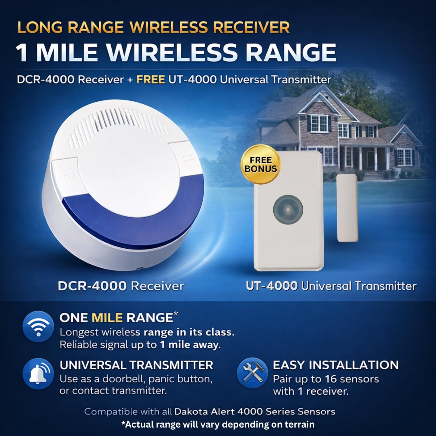 Dakota Alert Wireless Driveway Alarm System Complete Kit – DCPA-4000 Vehicle Detection Probe Sensor with DCR-4000 Receiver Bonus Kit– 1 Mile Long Range – Bonus UT-4000 Universal Transmitter