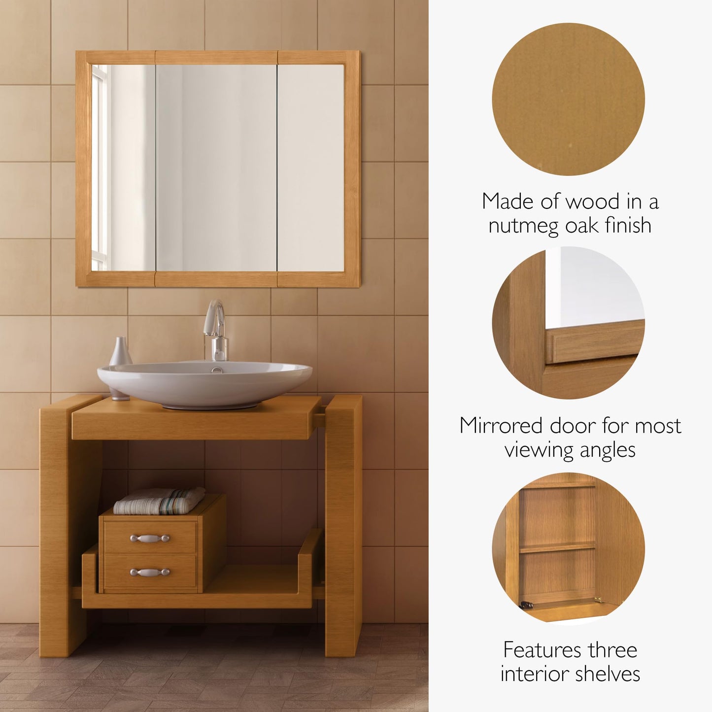 Design House Richland Medicine Cabinet, Fully Assembled, Wall Mounted, 3 Mirrored Doors, Wood Frame, Oak Finish, 36 in x 4.75 in x 30 in, 530576-NOK