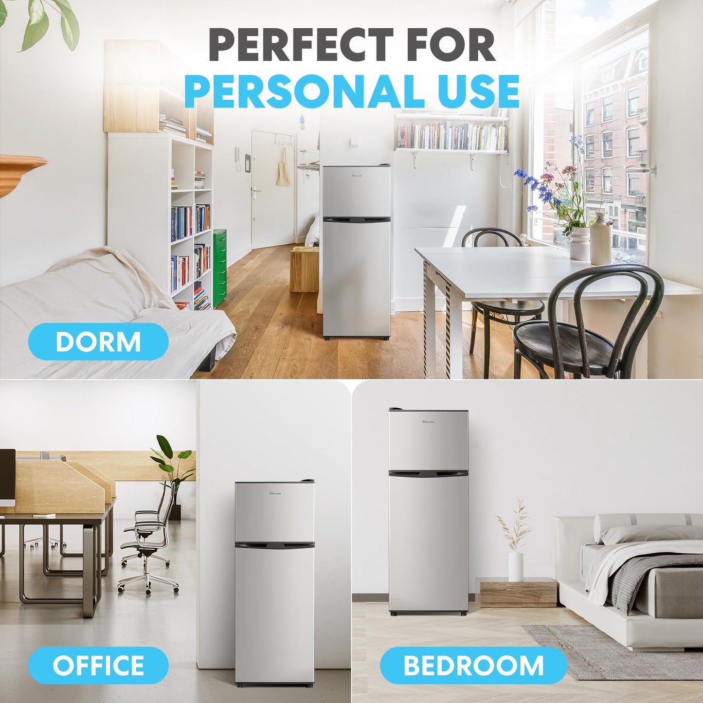 Simpli-Magic 4.0 Cu.Ft. Mini Fridge with Freezer – Compact Double Door Refrigerator for Dorm, Office, Bedroom – Adjustable Thermostat, Energy Efficient, Stainless Steel