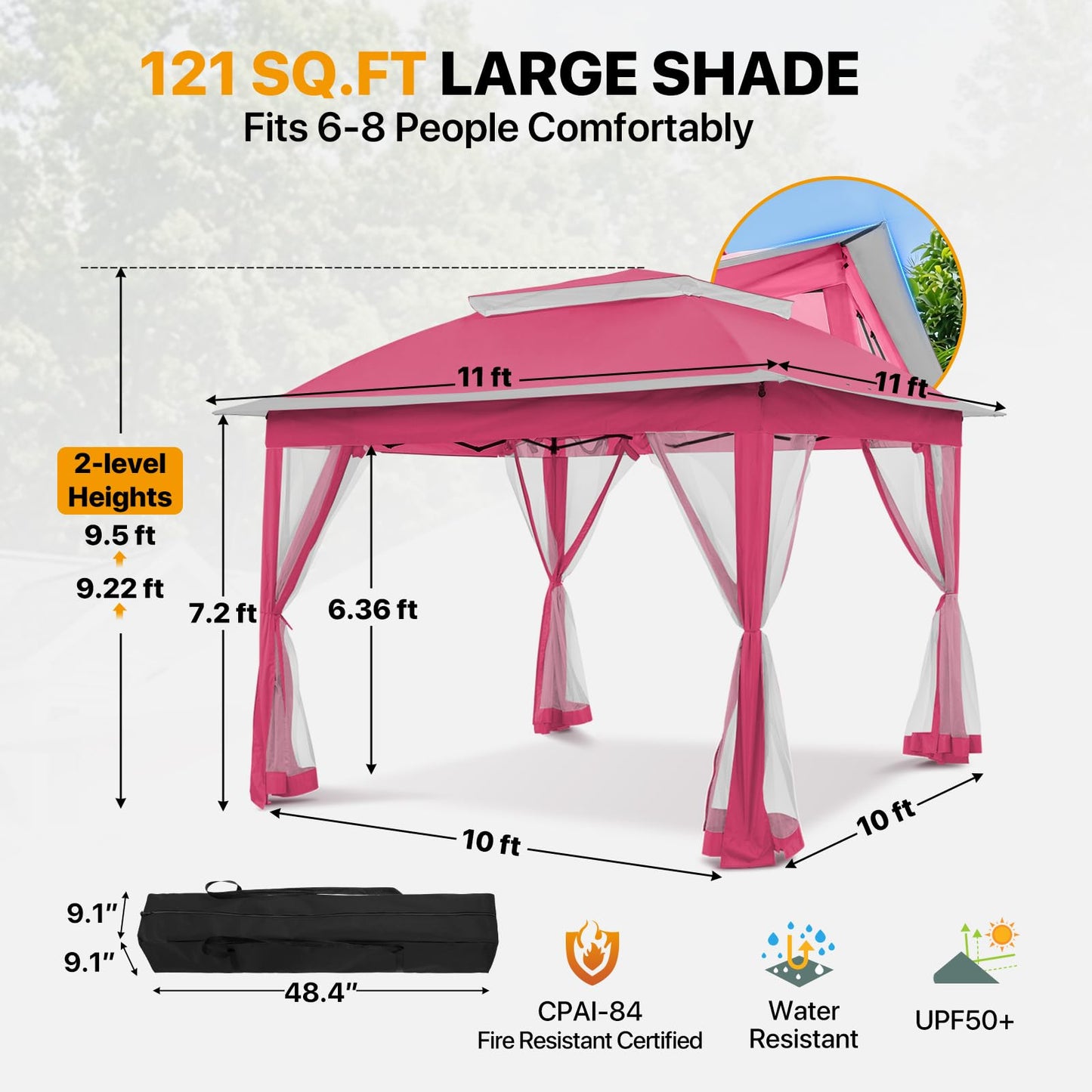 COOS BAY 11x11 Pop Up Gazebo with Mesh Netting, Instant Outdoor Canopy Tent, Water Resistant Shelter with UPF 50+ UV Protection, 121 Sq Ft Coverage, Dark Pink