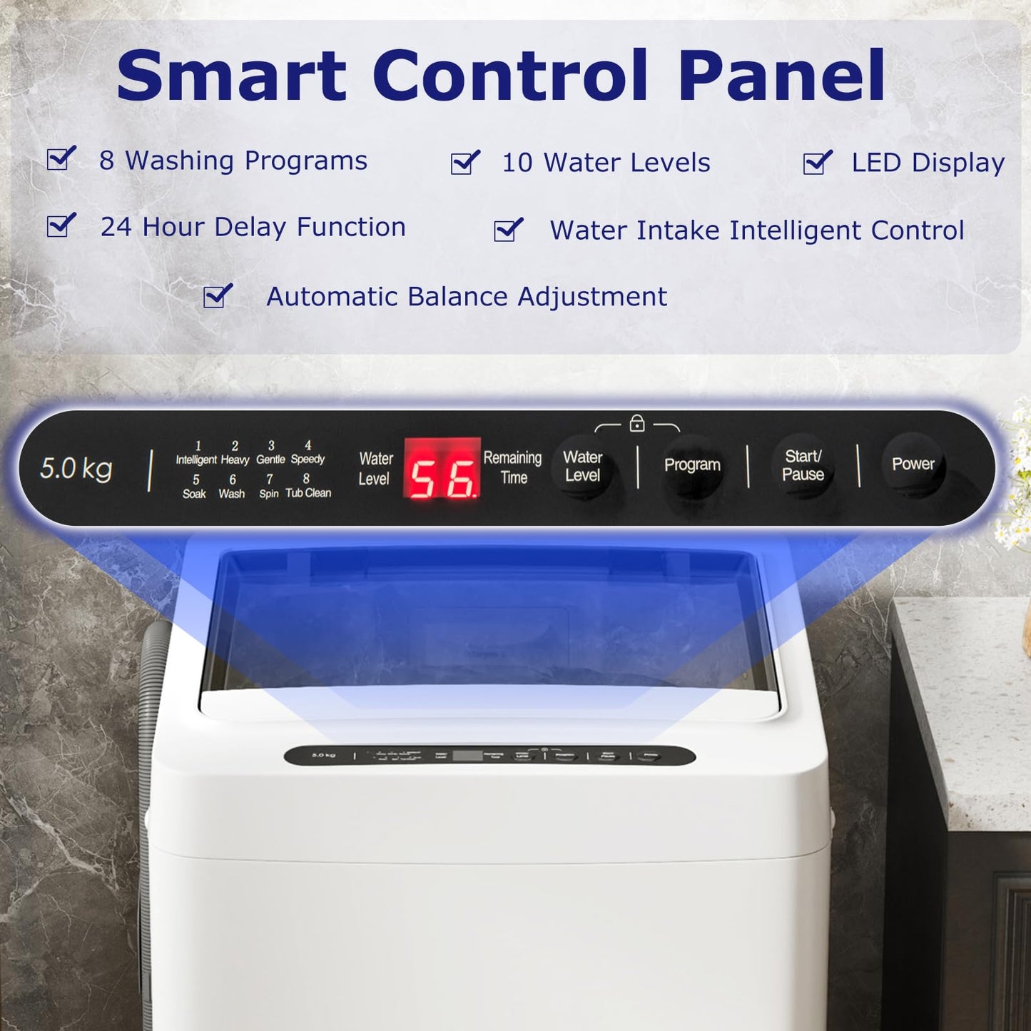 Giantex Portable Washing Machine, 1.5 cu.ft Compact Washer with Drain Pump, LED Display, 8 Programs, 10 Water Levels, Child Lock, 11 LBS Clothes Capacity for Apartment, Home, Dorms, RV (White & Black)