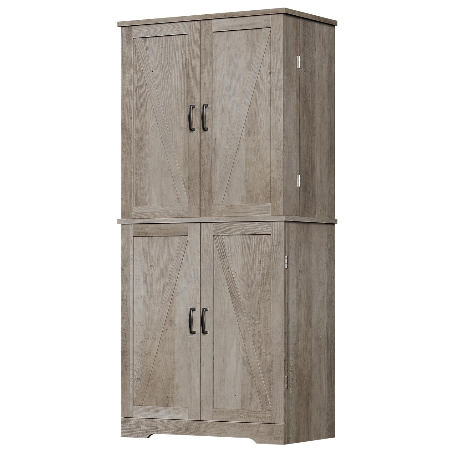 Vongrasig Kitchen Pantry Storage Cabinet with Barn Doors, Drawer and Adjustable Shelves, 6-Tier Tall Rustic Wood Cupboard Locker for Kitchen, Dining Room, Living Room, Bathroom, Rustic Grey